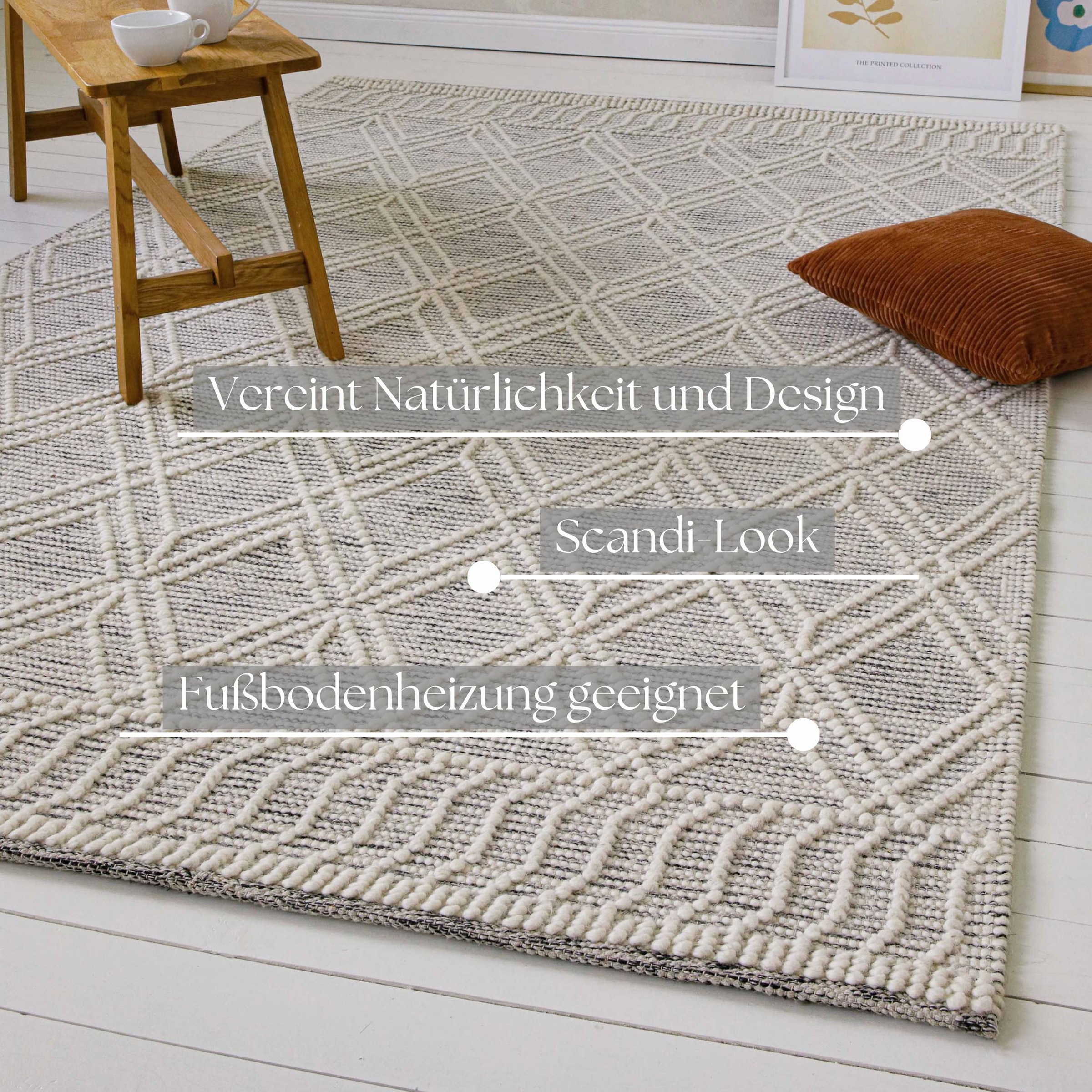 GOODproduct Teppich »Eleena« rechteckig 8 mm Höhe 70% Wolle, handgewebt, Raute, Hoch-Tief, Wohnzimmer, Naturfaser