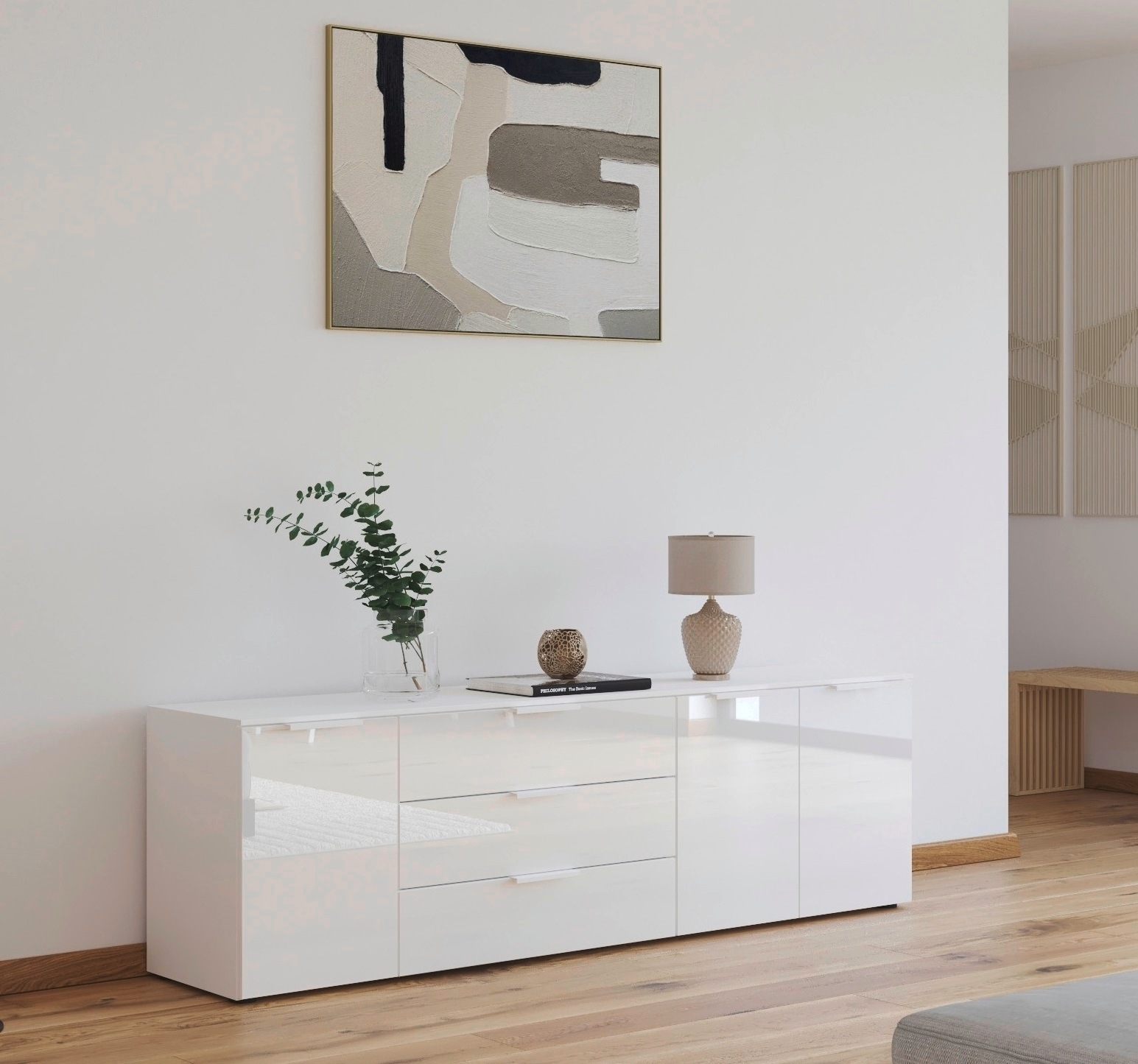 rauch Commode combinée »Kommode Türkommode Sideboard Kombikommode FLIPP mit Glasfront« Largeur 200 cm avec 2 étagères,  3 portes avec 3 tiroirs et fonction soft-close ainsi que façade en verre