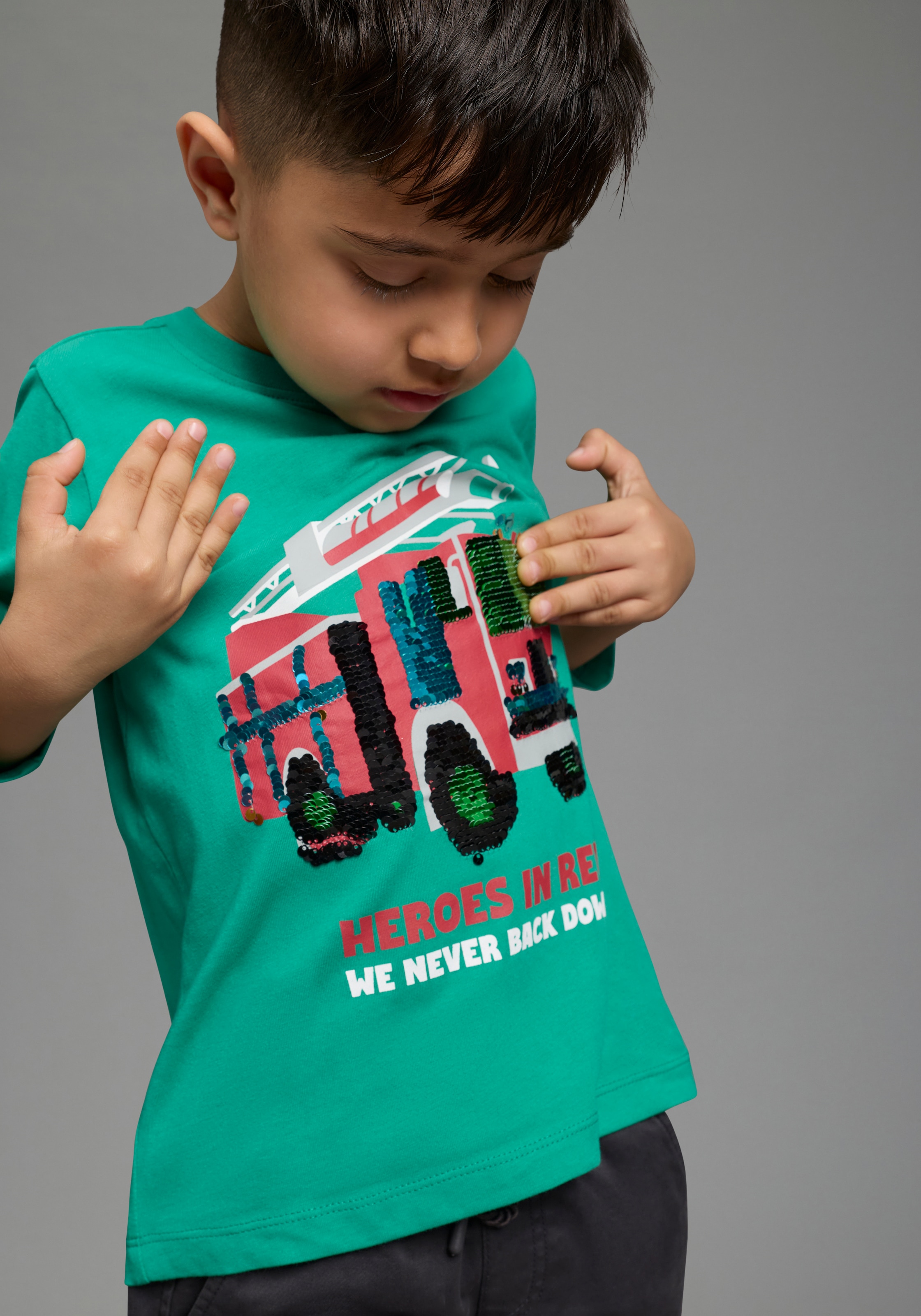 KIDSWORLD T-shirt à manches longues »Feuerwehr Pailletten Shirt« Impression pompier avec paillettes