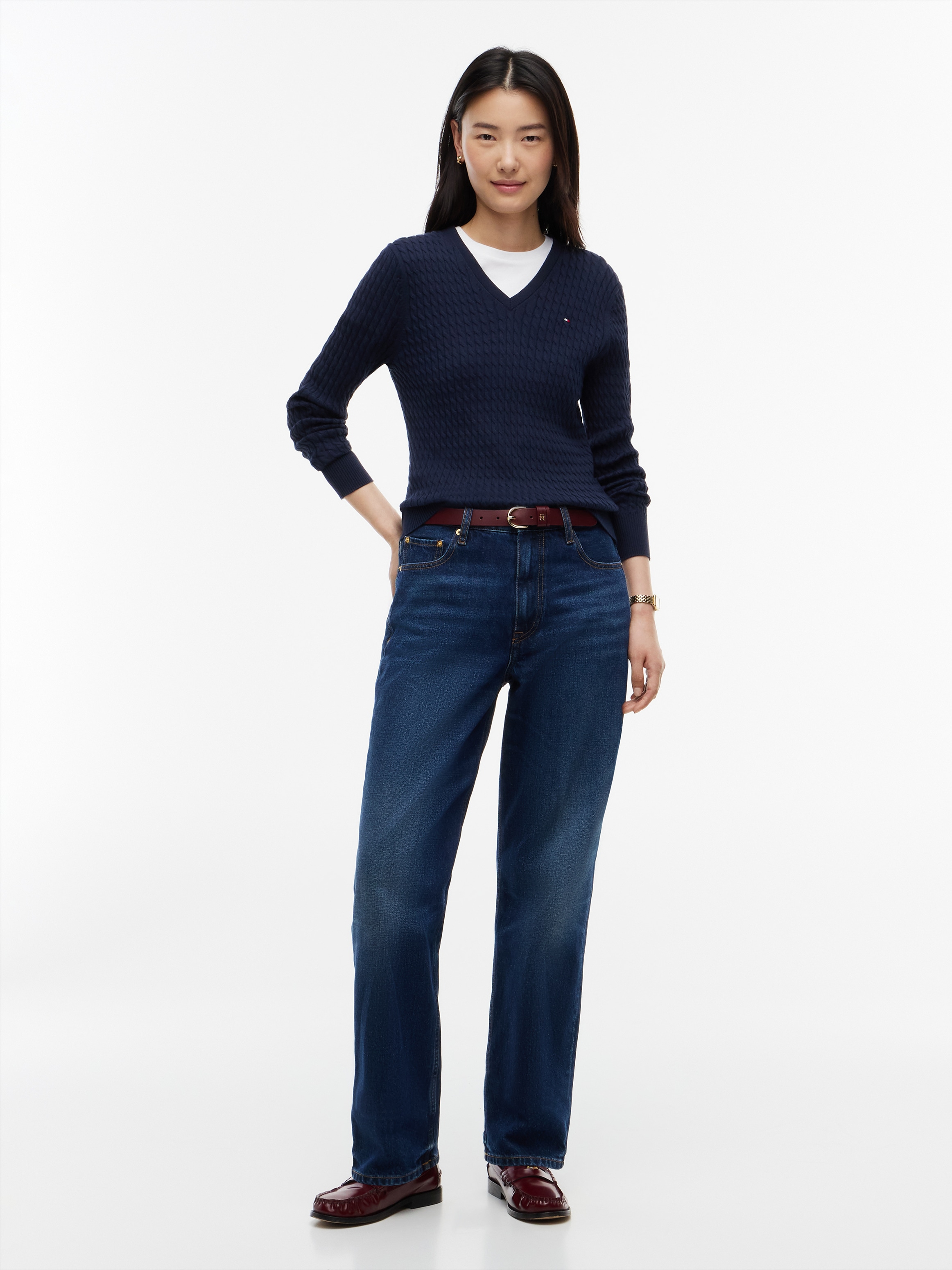Tommy Hilfiger Strickpullover »CO CABLE FINE GG V-NK LS SWT« Baumwolle, mit Zopfmuster
