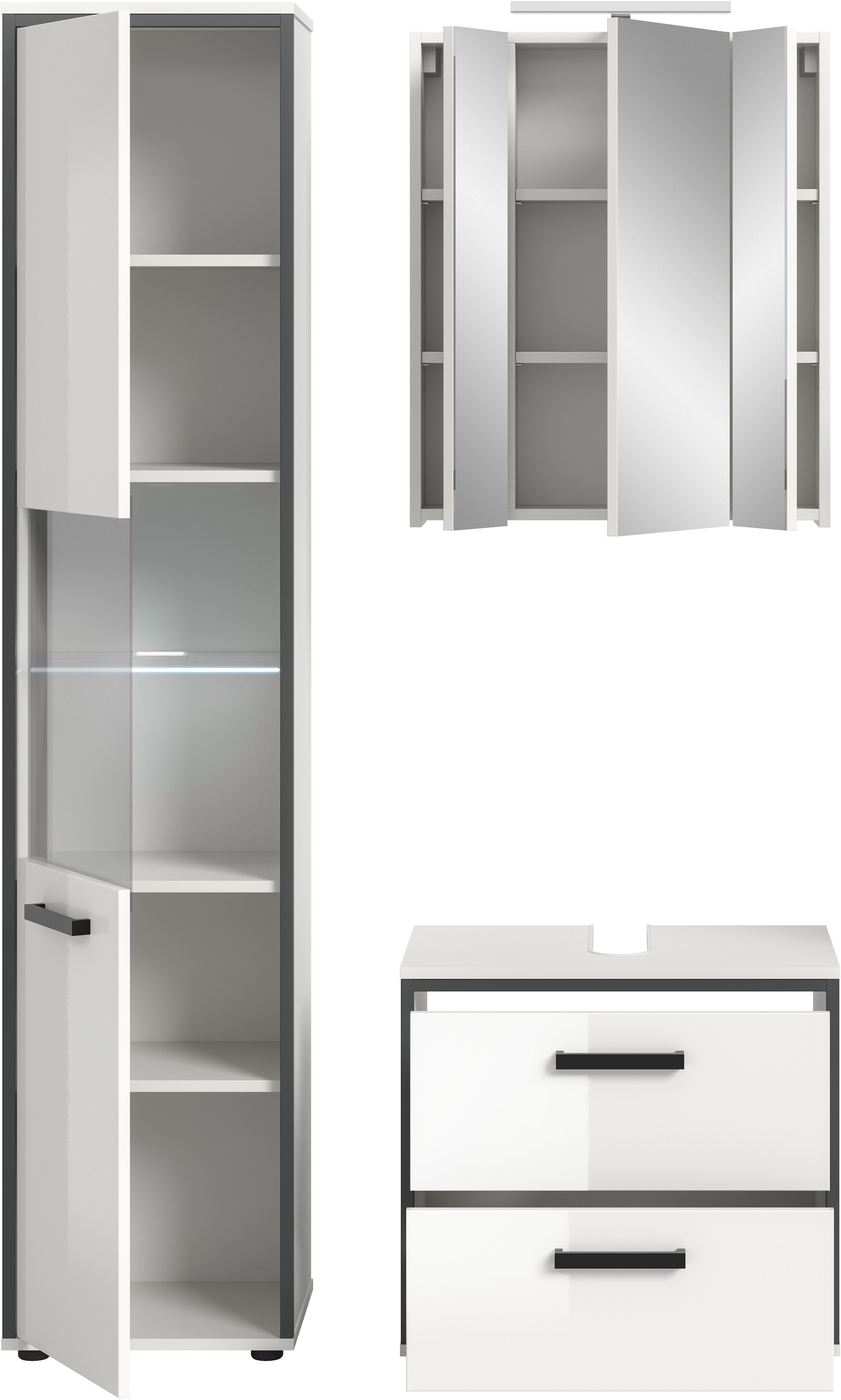 welltime Ensemble de meubles de salle de bain »KAJO, 3-tlg. Badkombination, weiss hochglanz, inkl. Beleuchtung« Set, Set, best. aus: Hochschrank, WBU, Spiegelschrank, Beleuchtung, 5 cuis tlg.