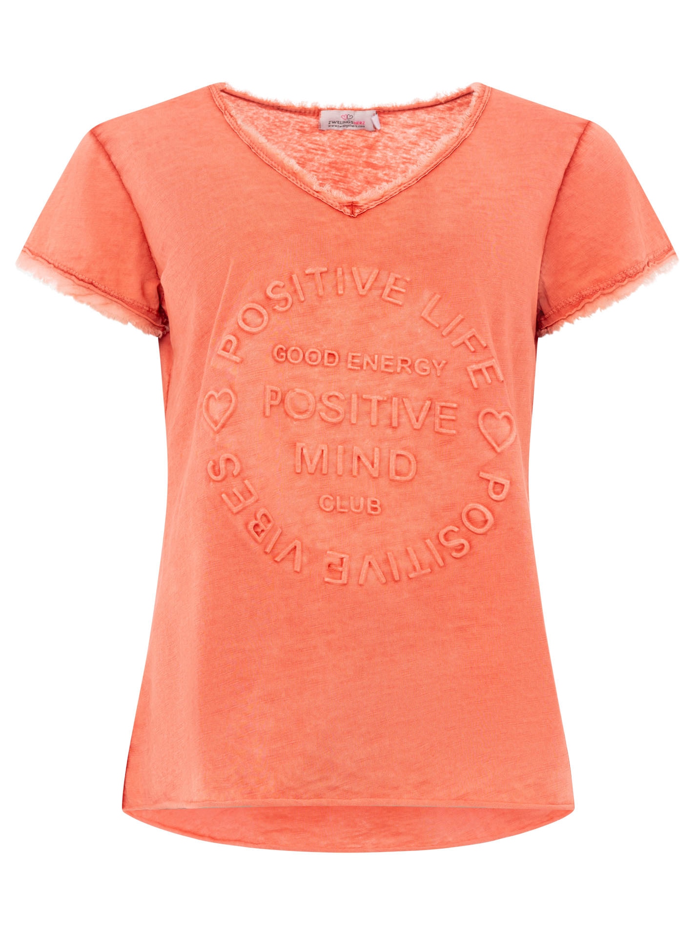 Zwillingsherz T-Shirt »"Positive Mind"«, mit V-Neck, Stempeldruck und Saum im Used-Look