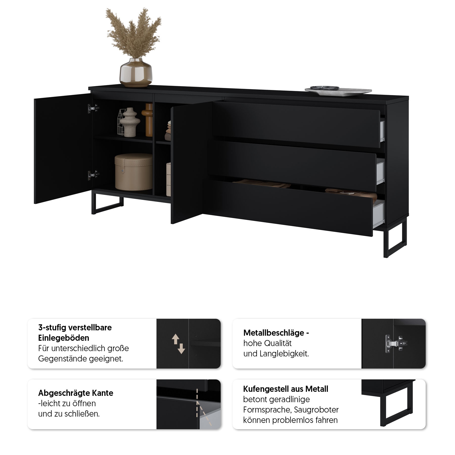 GOODproduct Buffet »Modo II, Breite 200 cm, moderne grifflose Kommode 2Türen/3 SK« commode à tiroirs avec beaucoup d'espace de rangement, étagères réglables, patins en métal