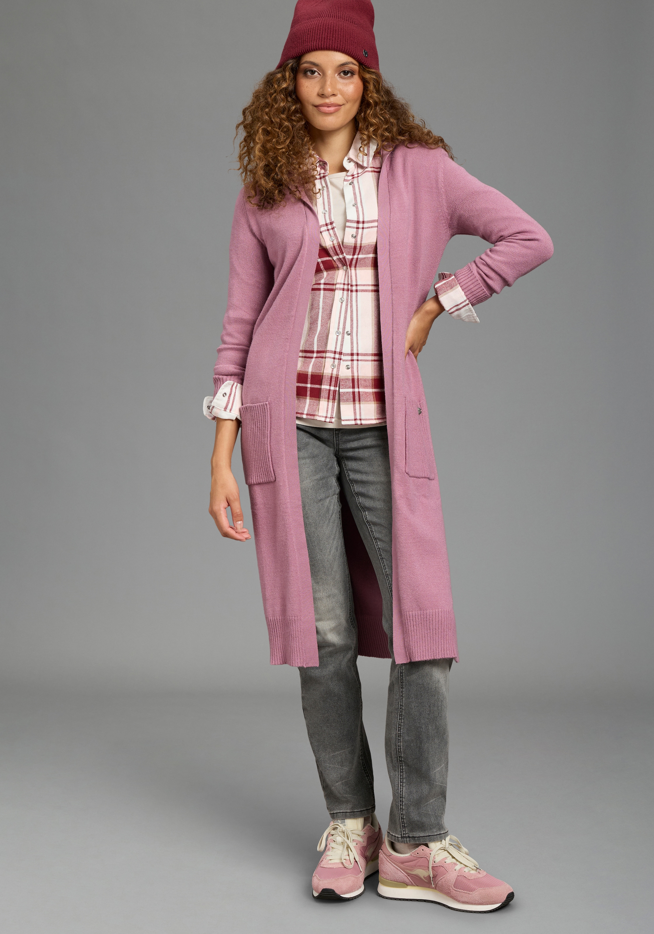 KangaROOS Longstrickjacke mit Kapuze, Langarm, figurumspielende Passform, ohne Verschluss