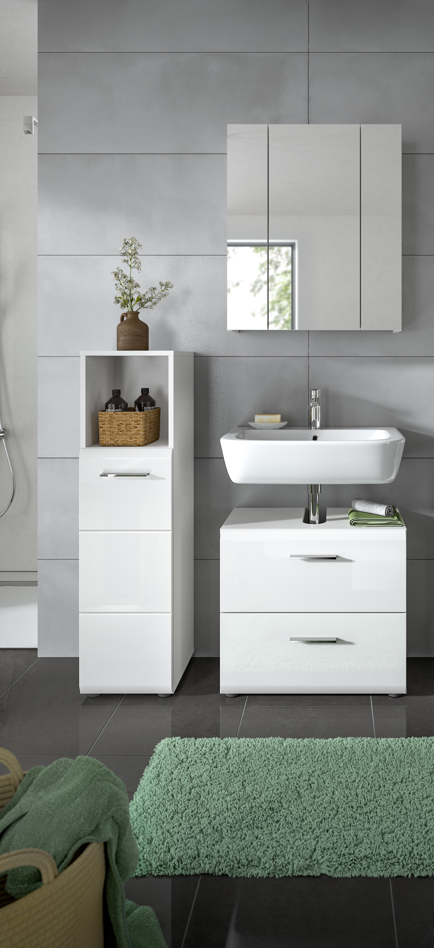 INOSIGN Badmöbel-Set »FLORENZ, TOPSELLER!, 3-teilige Badkombination, hochwertige MDF-Front« best. aus: Midischrank hoch, Waschbeckenunterschrank, Spiegelschrank, 