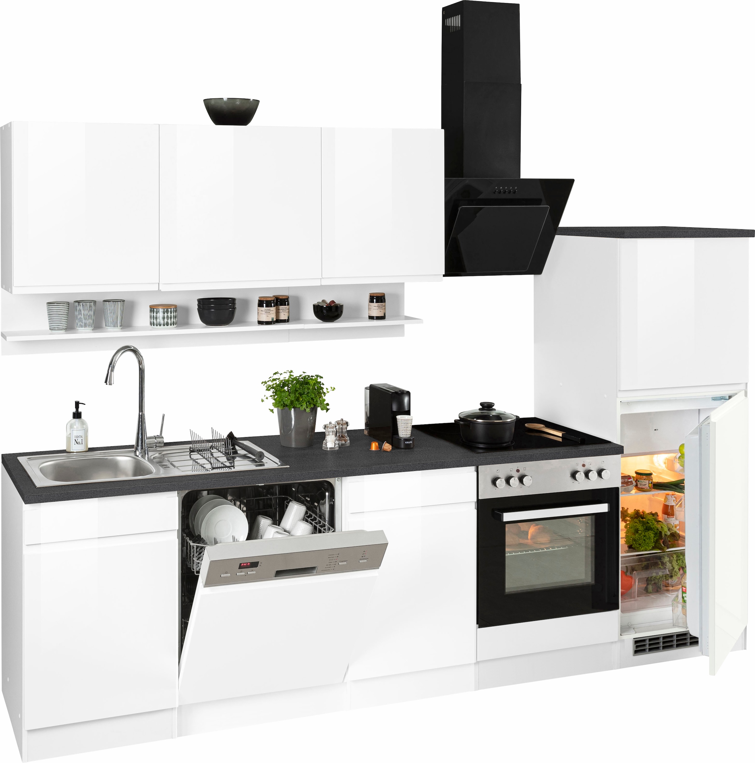 KOCHSTATION Küchenzeile »KS-Virginia,neu in verbesserter Ausführung« Arbeitsplatte 38 mm stark, Stauraum, Softclose,  Breite 280 cm, Soft-Close, wahlweise mit E-Geräten