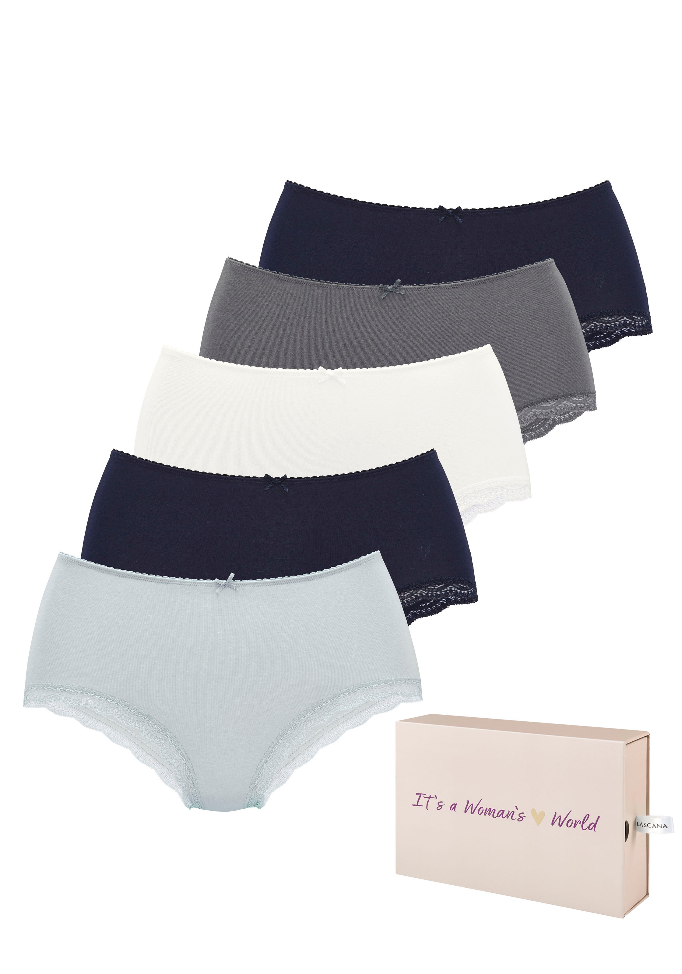 Image of LASCANA Taillenslip 5er-Pack, aus elastischer Baumwolle mit zarter Spitze, mit Aufbewahrungsbox