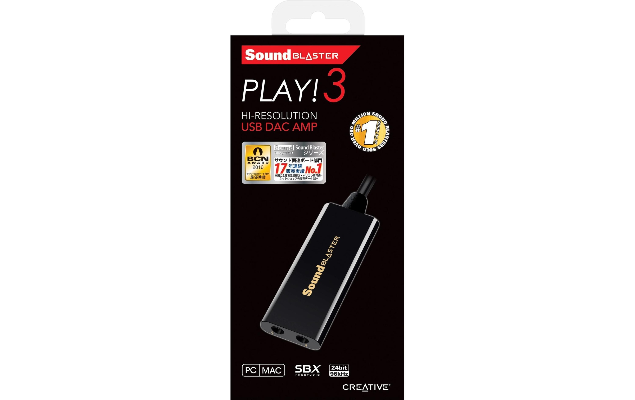 Creative Carte son USB »Sound Blaster Play! 3« Haute résolution 24 bits-96 kHz, 93 dB, plug-and-play