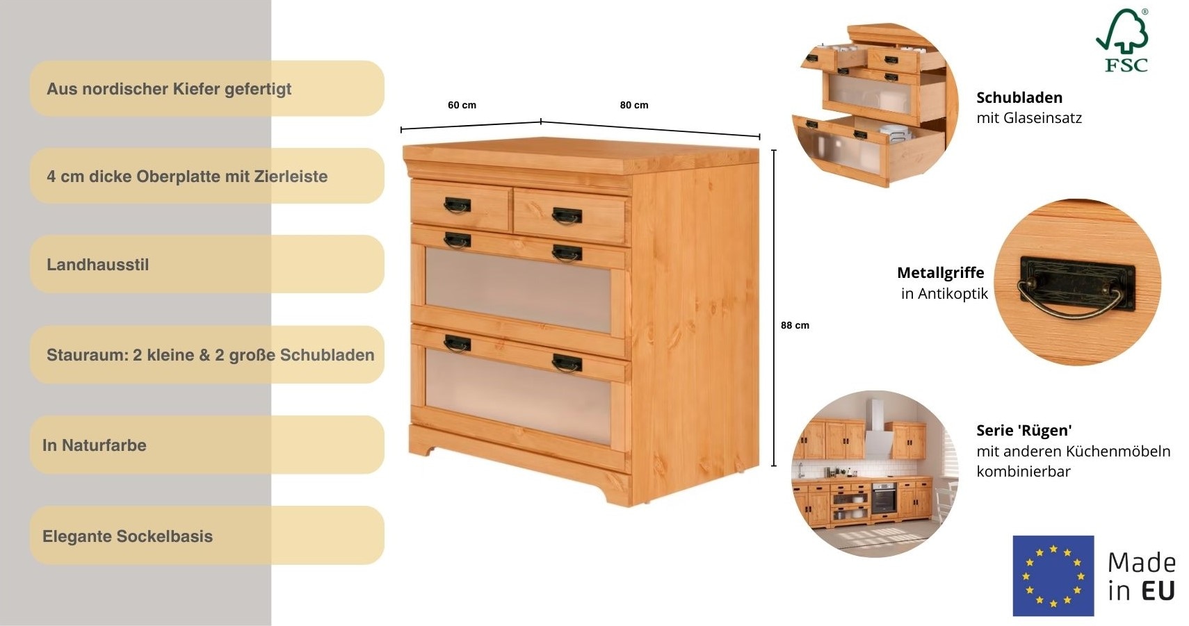 Home affaire Unterschrank »Rügen« Breite 80 cm, Kiefer massiv, Schubkästen mit Glaseinsatz