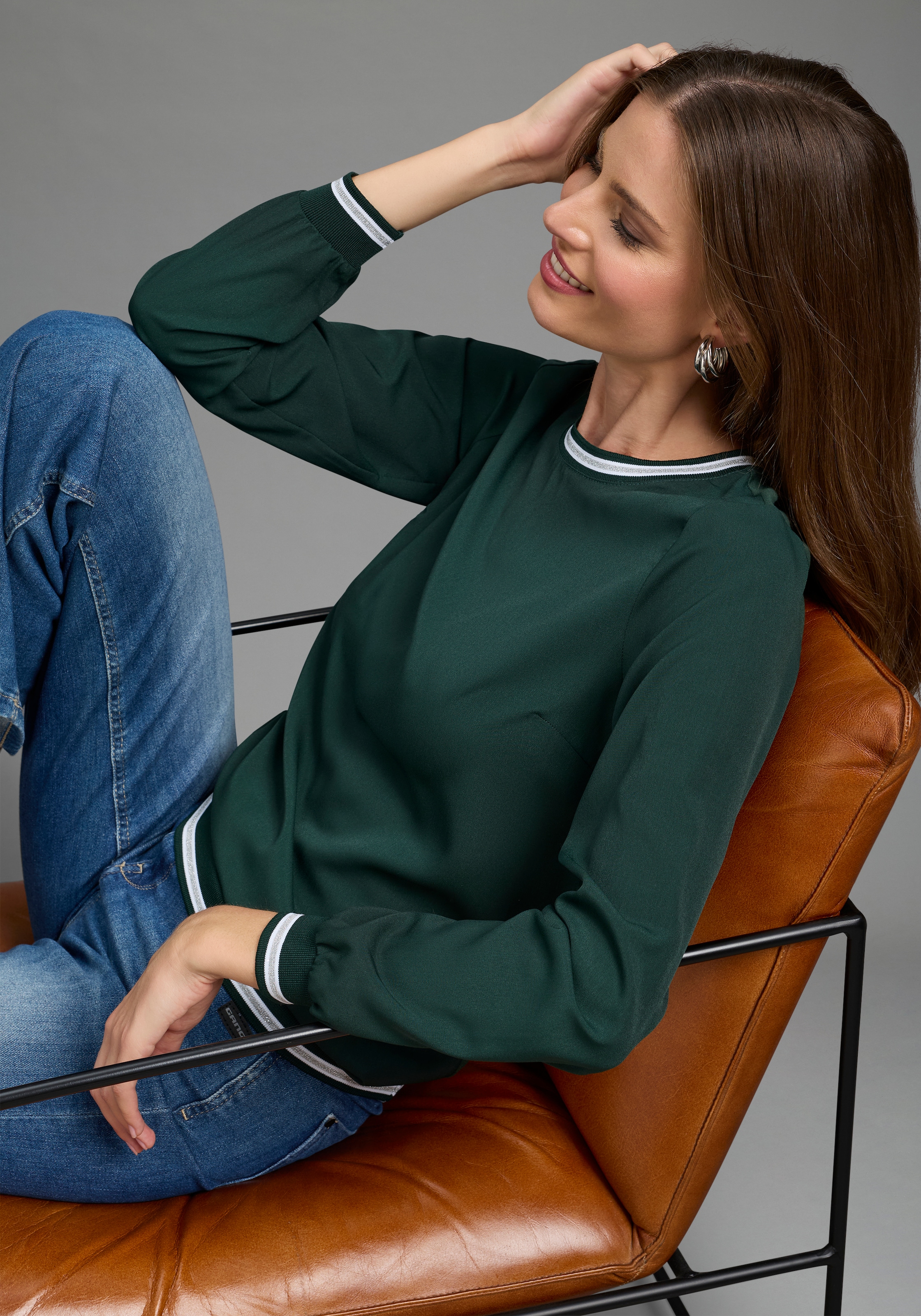 Laura Scott Blouse à enfiler manches longues avec poignets, bord-côte contrasté en fil brillant, coupe décontractée