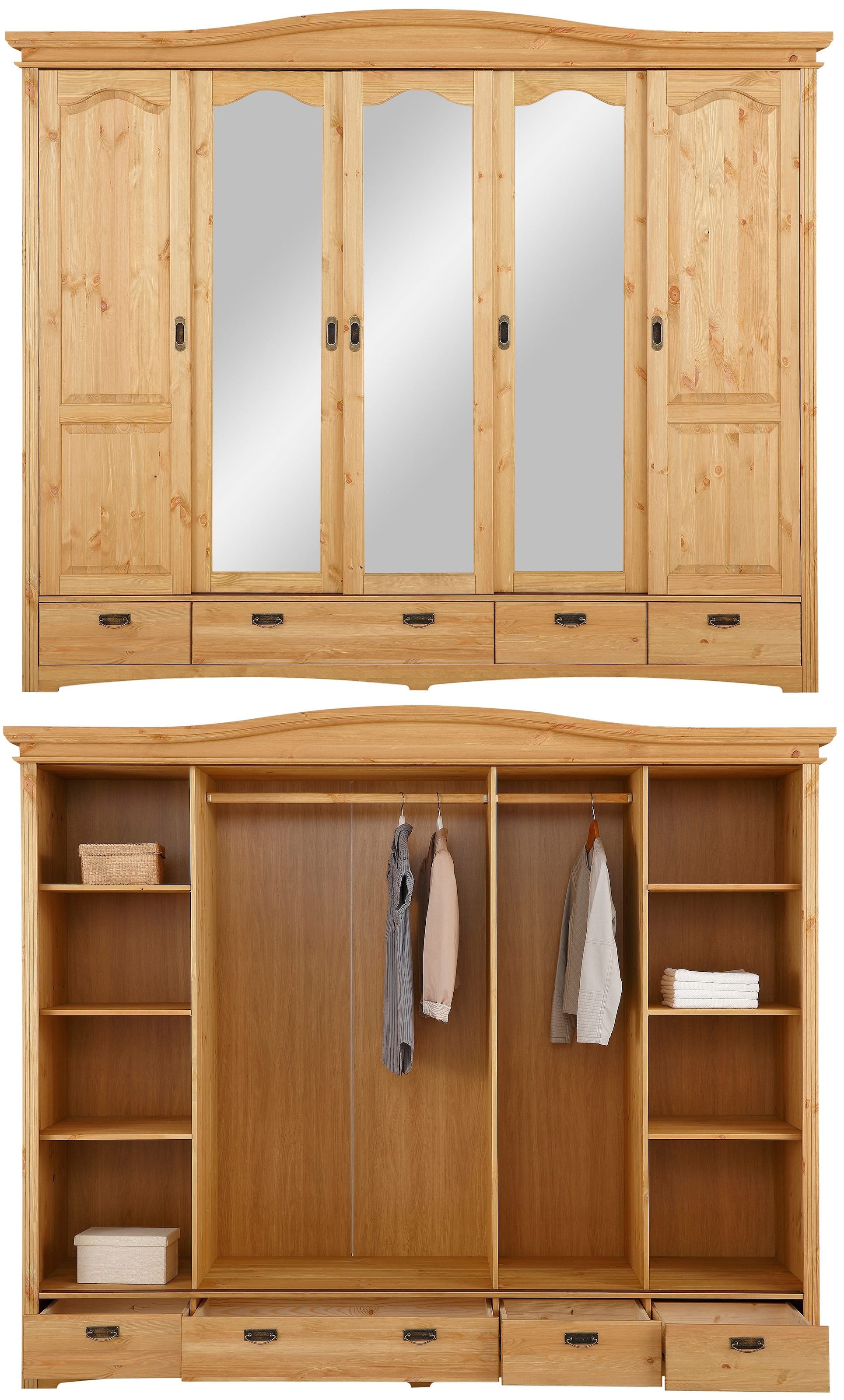 Home affaire Schlafzimmer-Set »"Konrad", komplettes Schlafzimmer mit grossem Schrank«, (Set, 4 tlg., Kleiderschrank 5 türig mit Schubladen, 2 Nachttische, Bett 180x200cm), klassischer Landhausstil, Metallgriffe, Massivholz (Kiefer)