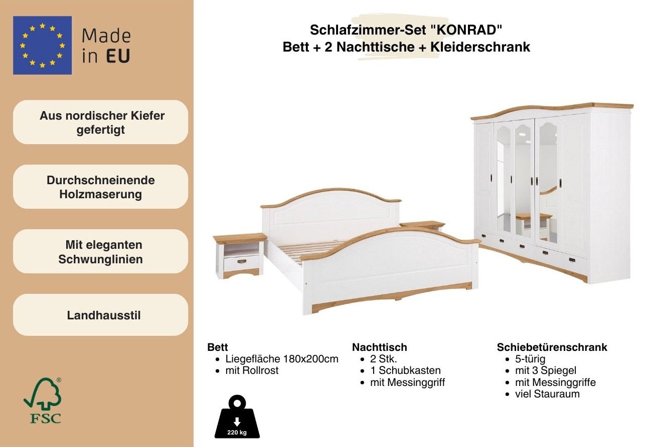 Home affaire Schlafzimmer-Set »"Konrad", komplettes Schlafzimmer mit grossem Schrank«, (Set, 4 tlg., Kleiderschrank 5 türig mit Schubladen, 2 Nachttische, Bett 180x200cm), mit 5-trg. Kleiderschrank, Bett 180/200 cm und 2 Nachttischen