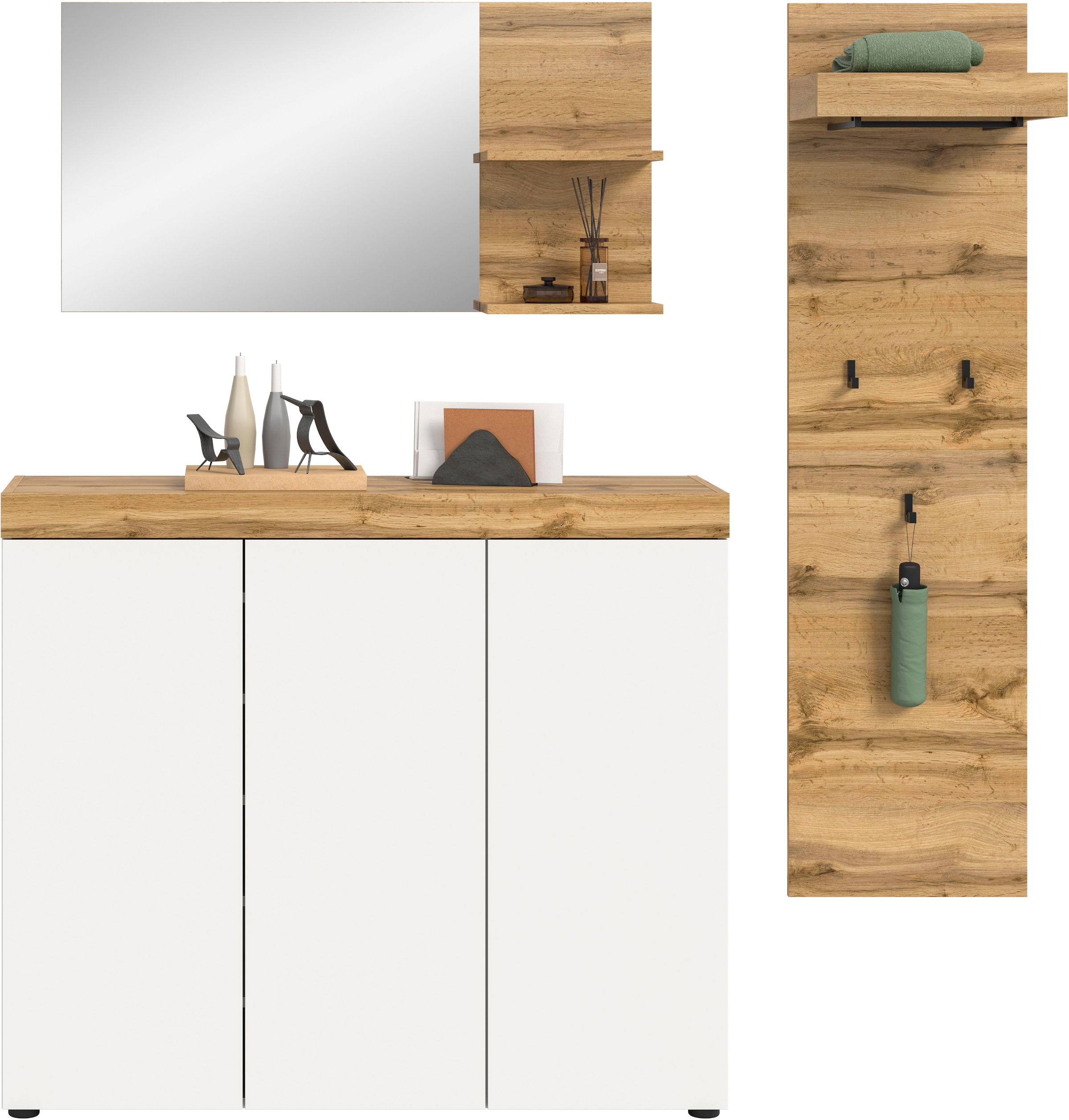GOODproduct Ensemble de vestiaires »MAMBO, TOPSELLER!, 3-teilige Kombination, stehend & hängend montierbar« bestehend aus: Kommode, Spiegel, Garderobenpaneel, 3 cuis tlg.