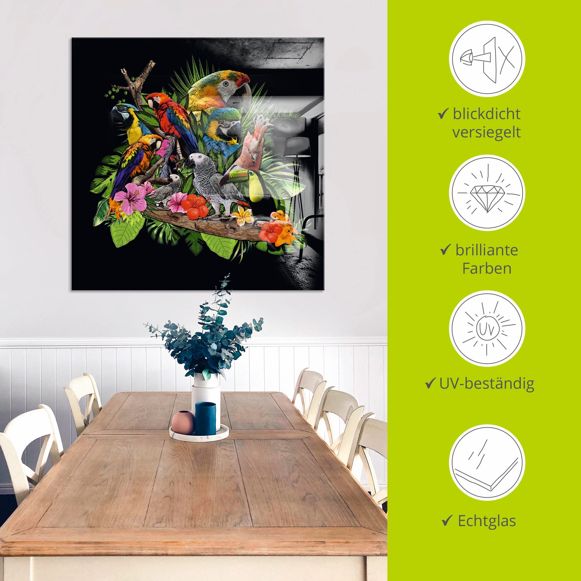 Artland Tableau en verre »Papageien Graupapagei Kakadu Dschungel« 1 cuis tlg. in verschiedenen Grössen