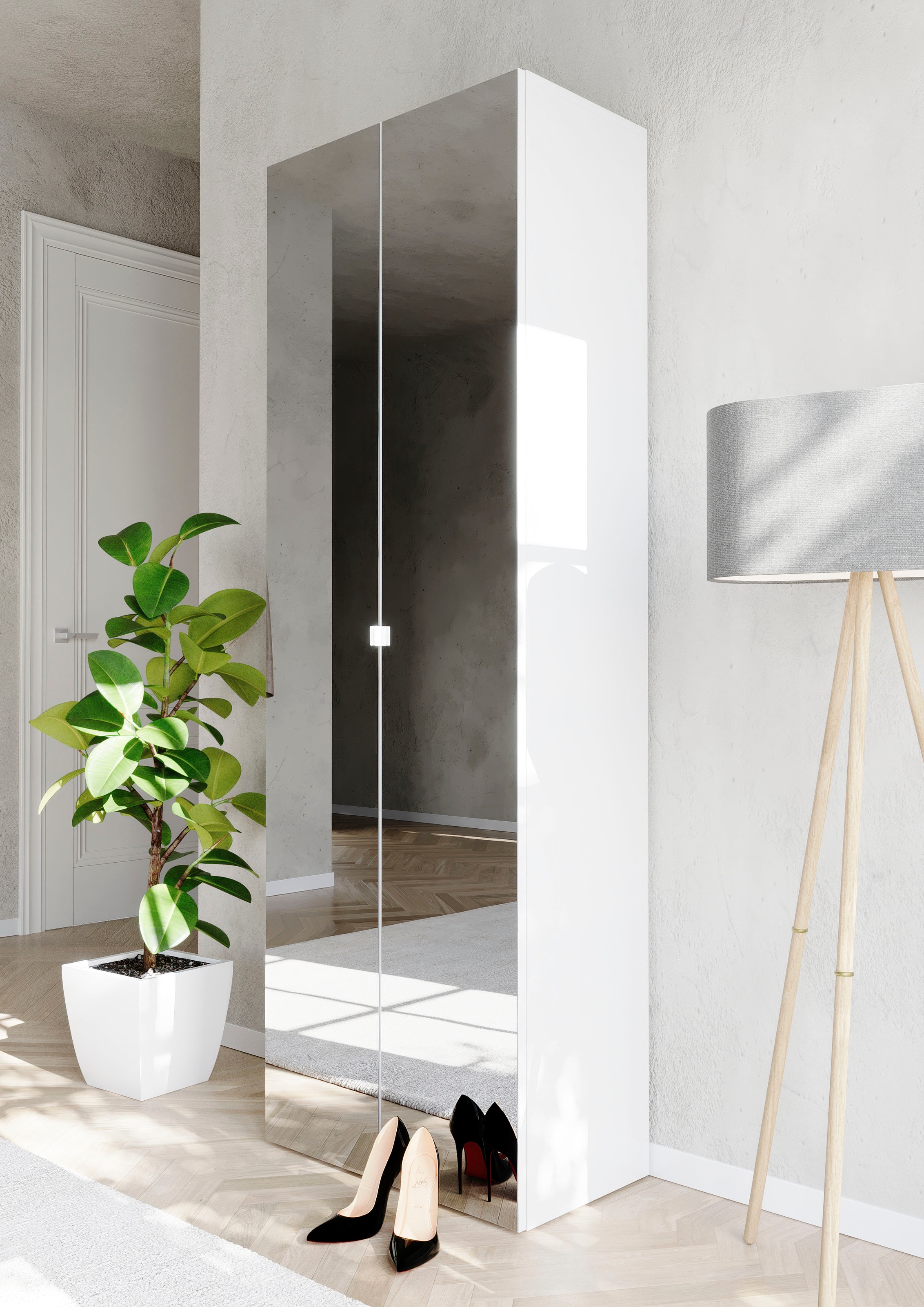 Image of GOODproduct Schuhschrank "SMILE Höhe 184 cm, Weiss Hochglanz lackiert mit 2 Spiegeltüren," Schuhregal mit 7 Ebenen, Metallgriff, viel Stauraum, 4 Böden variabel
