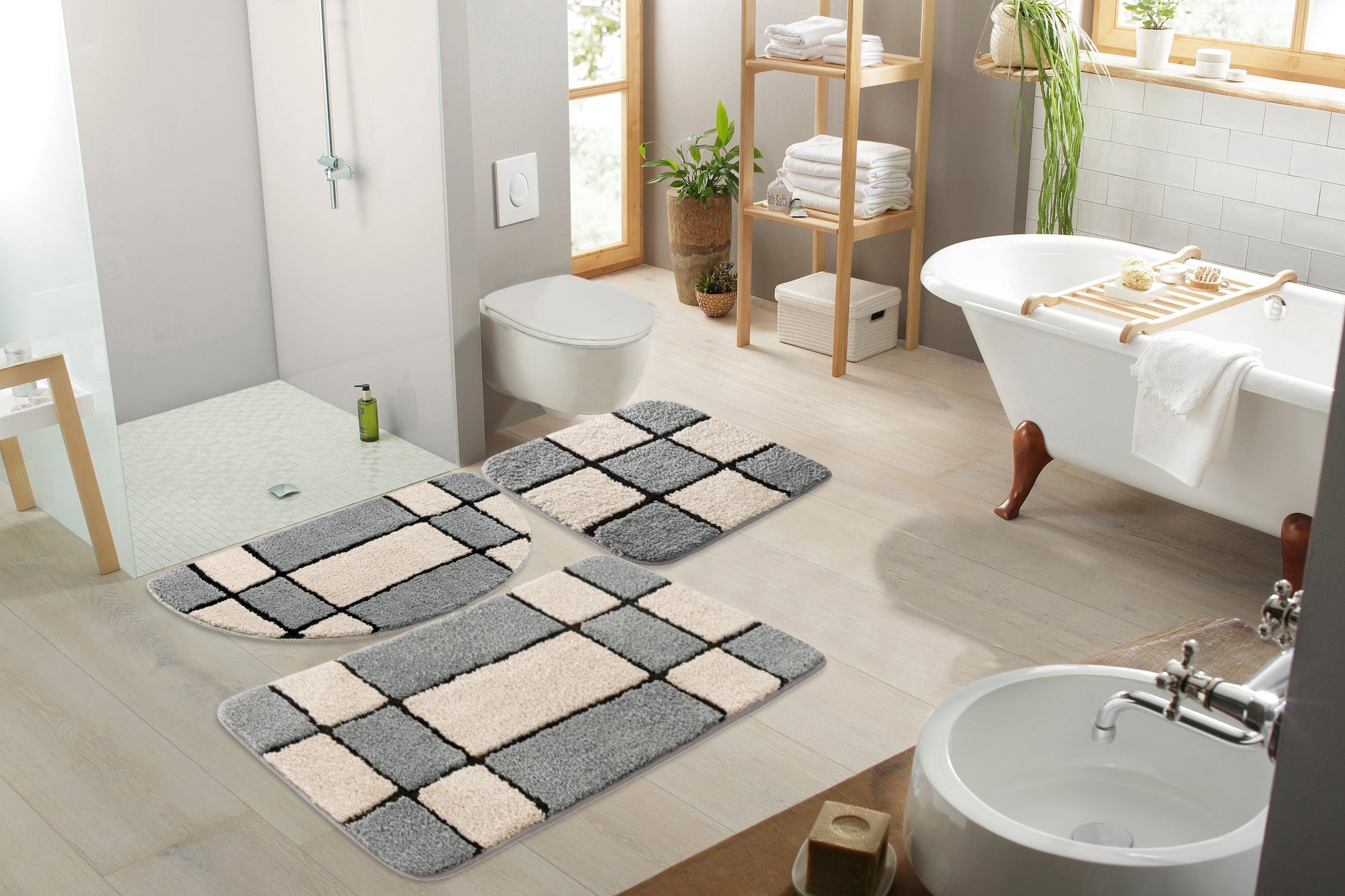 my home Badematte »Melli«, rutschhemmend beschichtet, fussbodenheizungsgeeignet, Badteppich, mit Muster, karierte Badematte