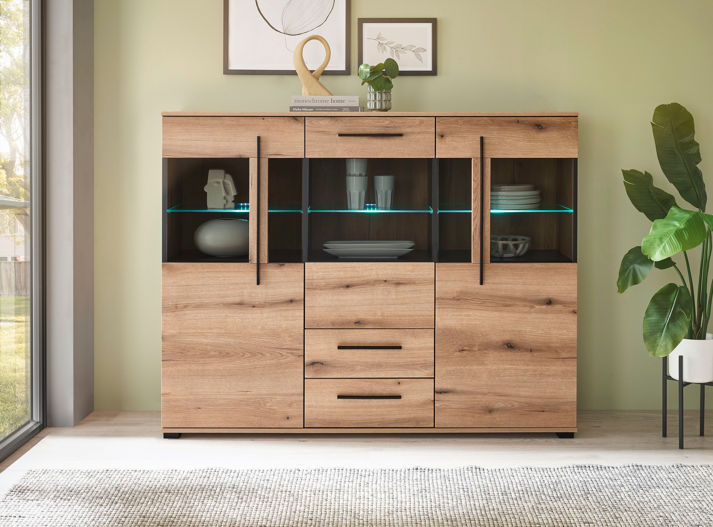 INOSIGN Highboard »Cantara, moderner Schrank, Vitrine in Eiche Dekor oder weiss«, schwarze Stangengriffe, ausreichend Stauraum, vielseitig einsetzbar