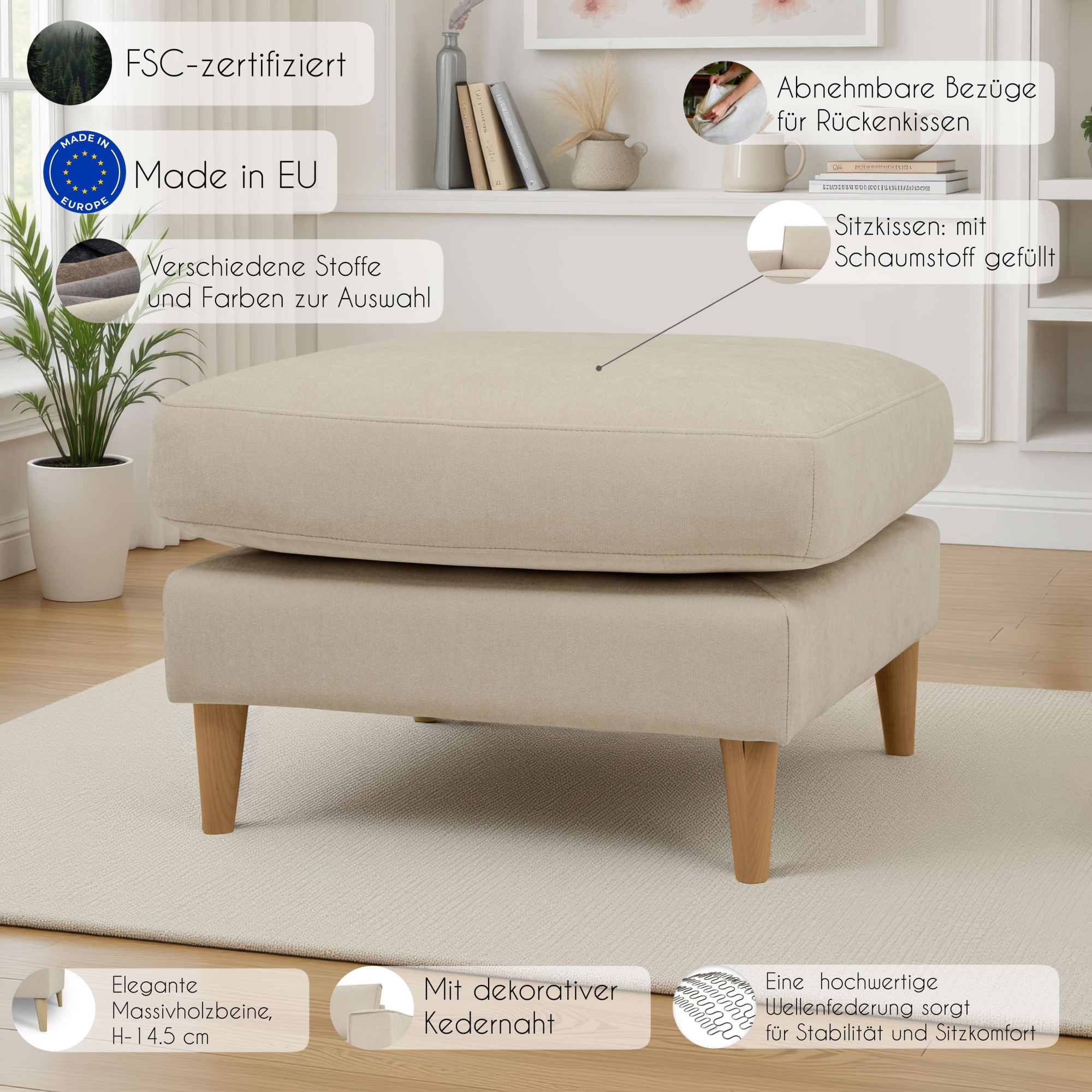 GOODproduct Pouf »Finnian« Polsterhocker 70x70 cm, Chenille, Massivholzfüsse