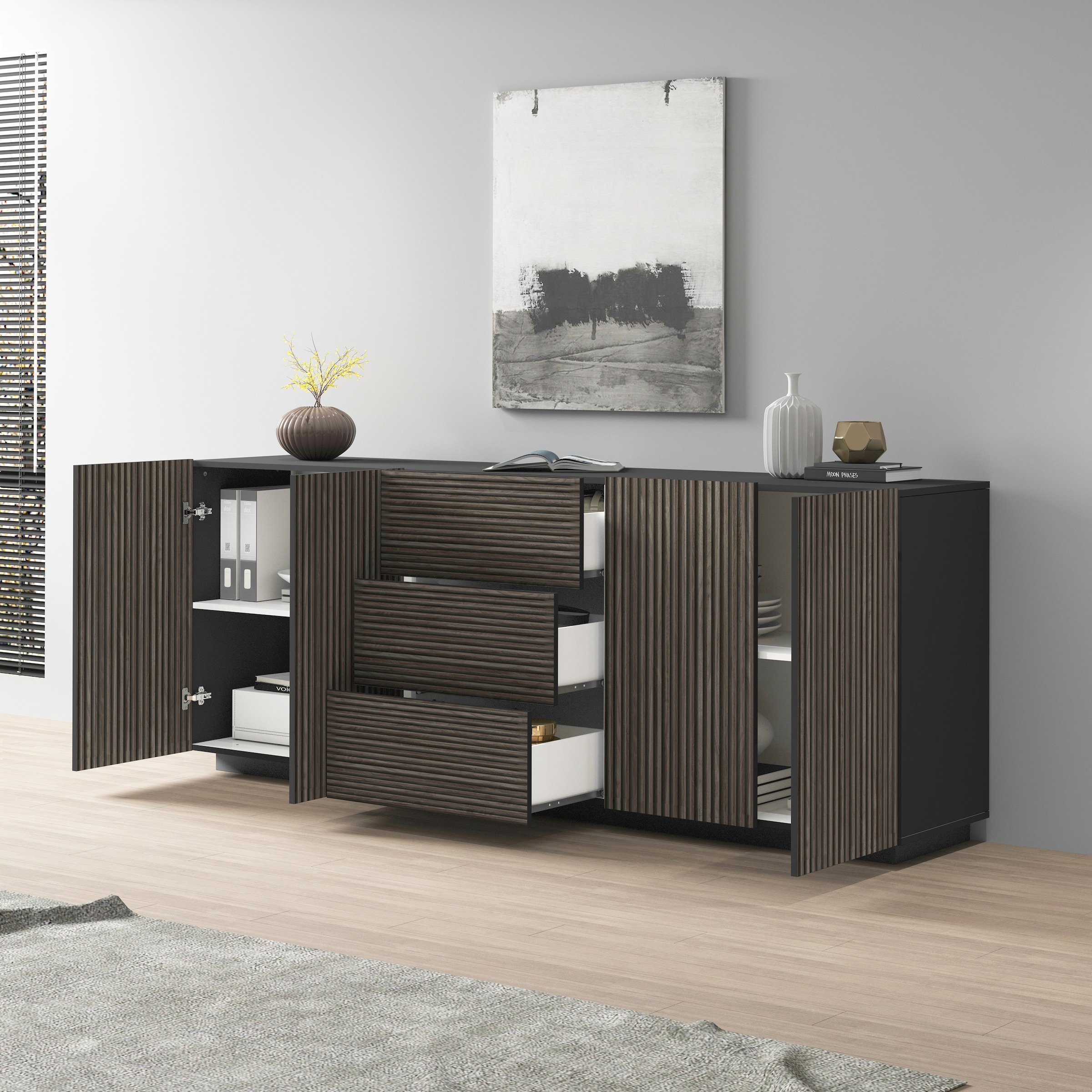 INOSIGN Sideboard »Vega Sideboard,Kommode,220 cm«, mit 4 Türen und 3 Schubladen,Fronten mit Rillen-Optik
