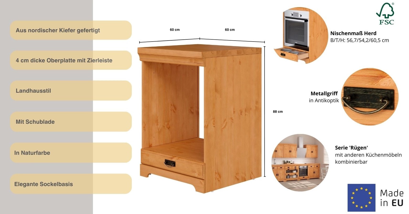 Home affaire Herdumbauschrank »Rügen« Breite 60 cm, Kiefer massiv, Nischenmass Herd B/T/H 56,7/54,2/60,5 cm