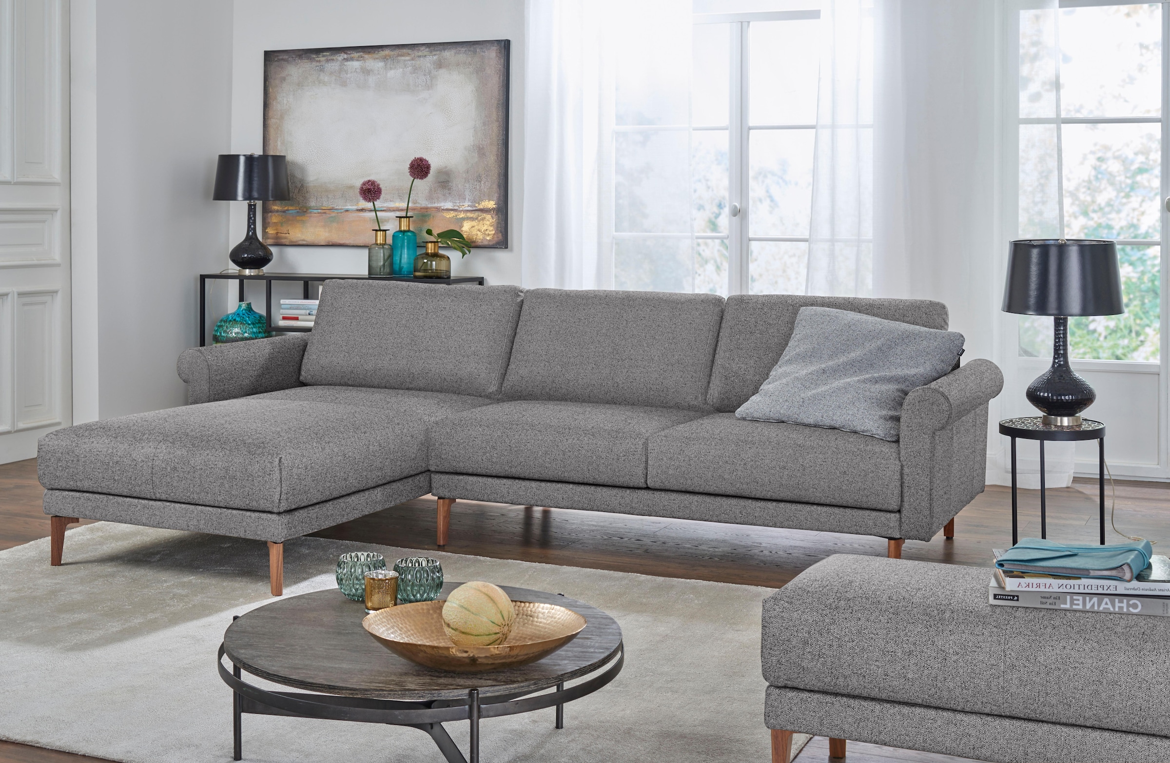Creation BY ROLF BENZ Ecksofa »CR.450, Designecksofa, L-Form«, Armlehne Schnecke modern Landhaus, Breite 262 cm, Fuss Nussbaum