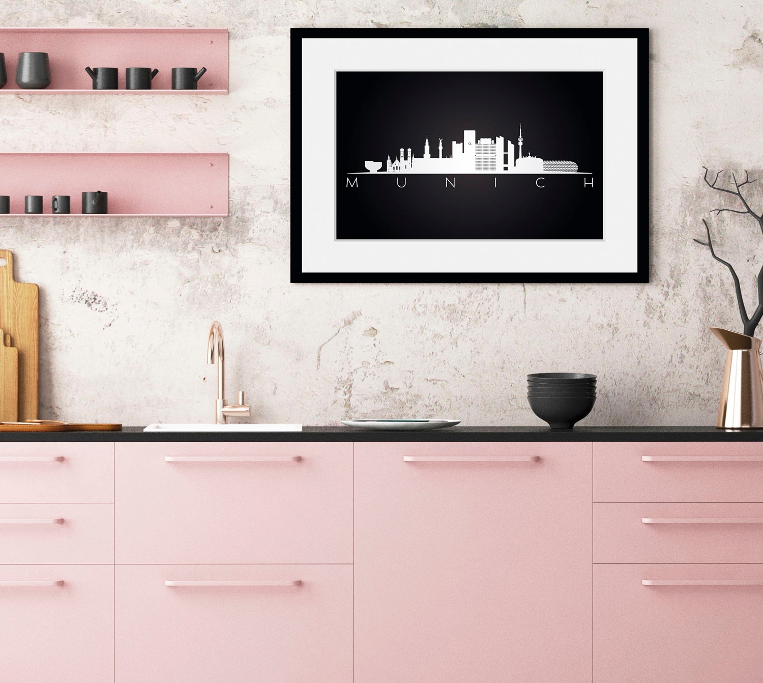 Image of queence Bild "Munich Sehenswürdigkeiten" Deutschland München Schriftzug Schwarz-Weiss Stadt Städte 1 Stk. tlg. HD Premium Poster-Druck inkl. Holzrahmen