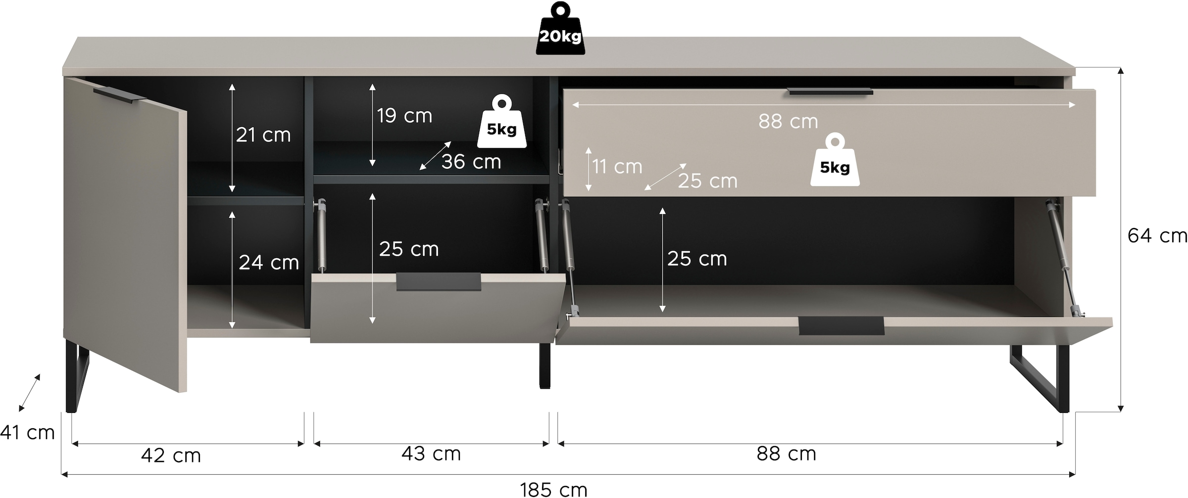 INOSIGN Lowboard »ADIO, Breite 185 cm, 2 Klappen, 1 Schubkasten, 1 Tür, mit Metall-Kufen« 1 Stk. tlg. Sideboard, Kommode, TV-Schrank, Schrank, Wohnzimmerschrank, Anrichte
