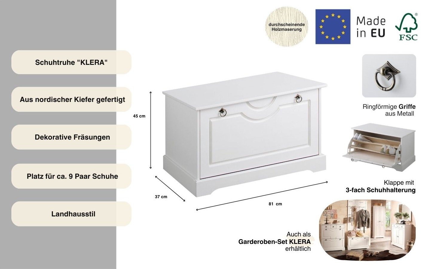 GOODproduct Schuhtruhe »Klera, Schuhbank, mit dekorativen Fräsungen, Lanhausstil« Breite 81 cm, aus massiver Kiefer, FSC®-zertifiziert