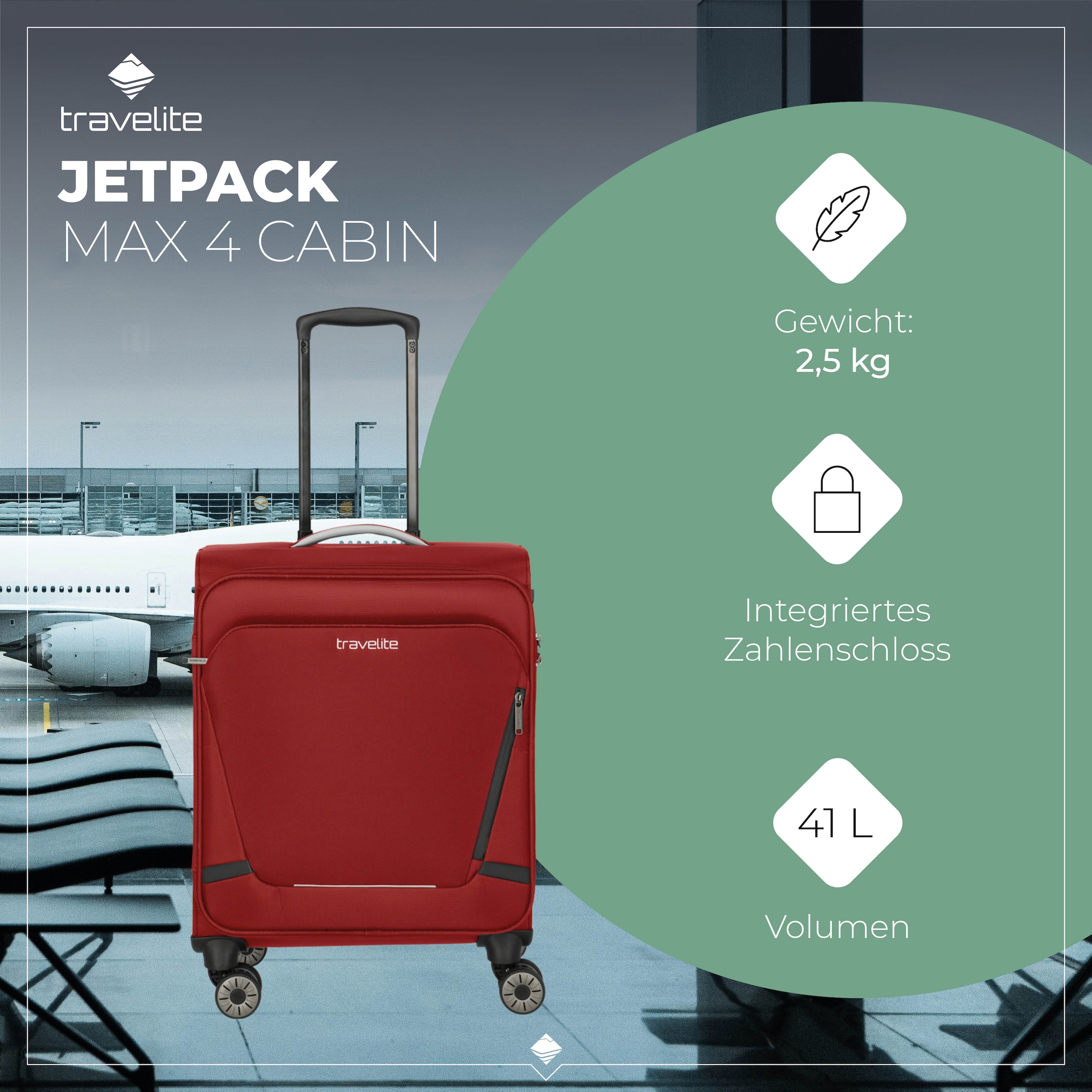 travelite Trolley pour bagages à main »JETPACK Max 4 Cabin Handgepäck Koffer« 41 litre 4 Rollen bagage souple, compatible Ryanair, Condor et de nombreuses compagnies aériennes courantes