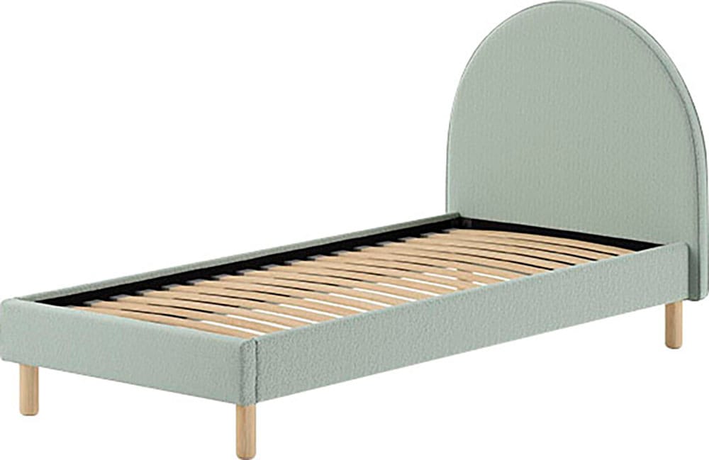 Vipack Polsterbett »Moon, mit flauschigem Bouclé Stoff in verschiedenen Farben« B/H/T ca. 147x132x212cm, gebogenes Kopfteil, Füsse Massivholz,  inkl. Rolllattenrost, wahlweise 2 Breiten und verschiedene Farben