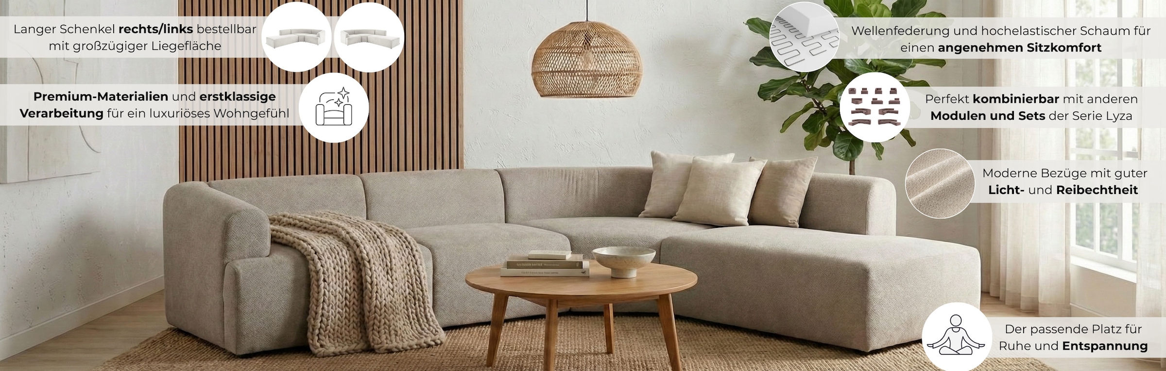 LeGer Home by Lena Gercke Ecksofa »LYZA L-Form links/rechts, Modularsofa "XL", Masse B/T/H: 287/267/74 cm« aus 4 Modulen, zusammen oder einzeln stellbar