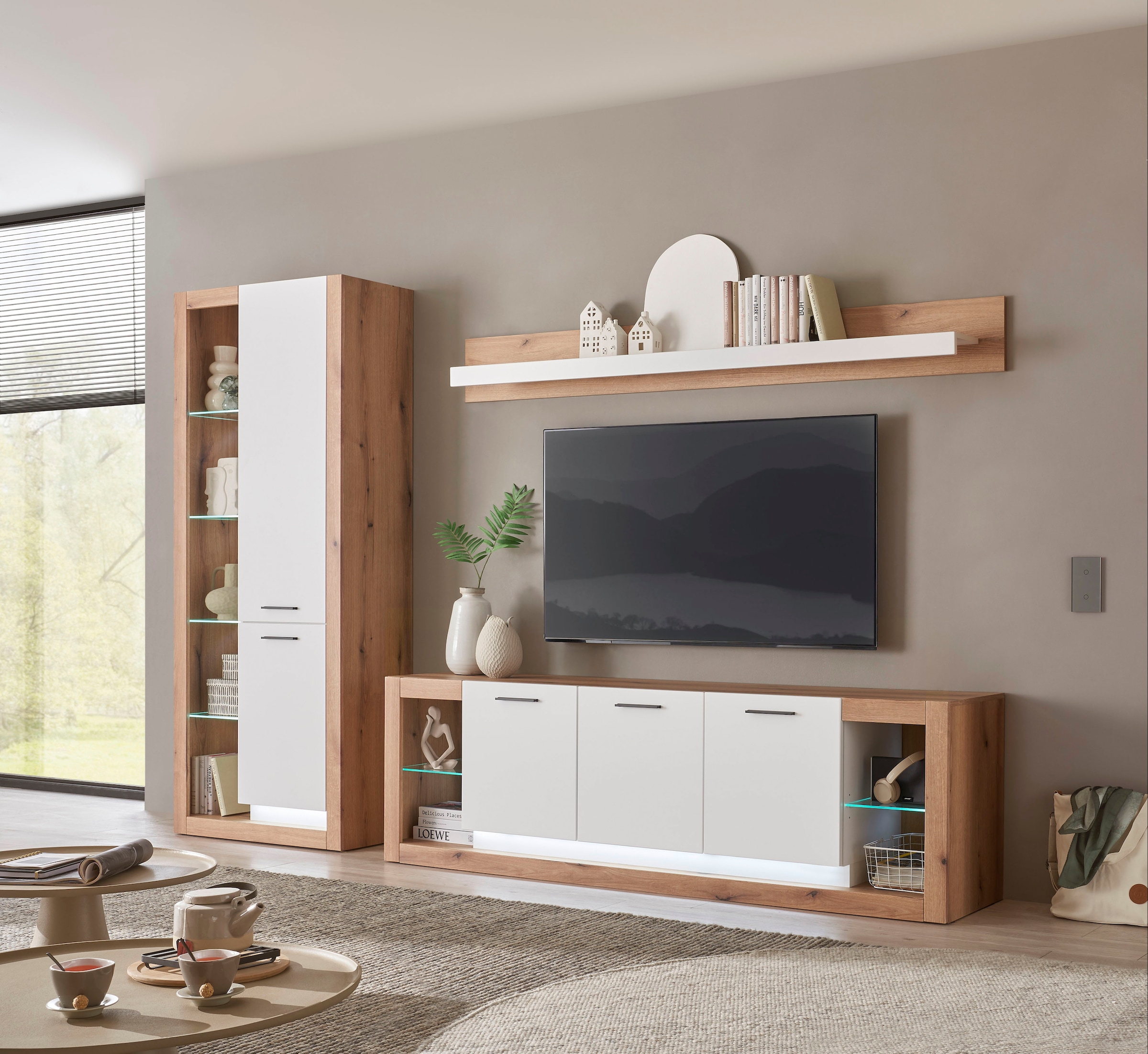 INOSIGN Wohnwand »Brixen, moderne Anbauwand, Wohnzimmer-Set, Eiche Evoke Dekor mit Weiss«, (Set, 3 St.), enthält Stauraumelement, Lowboard und Wandboard