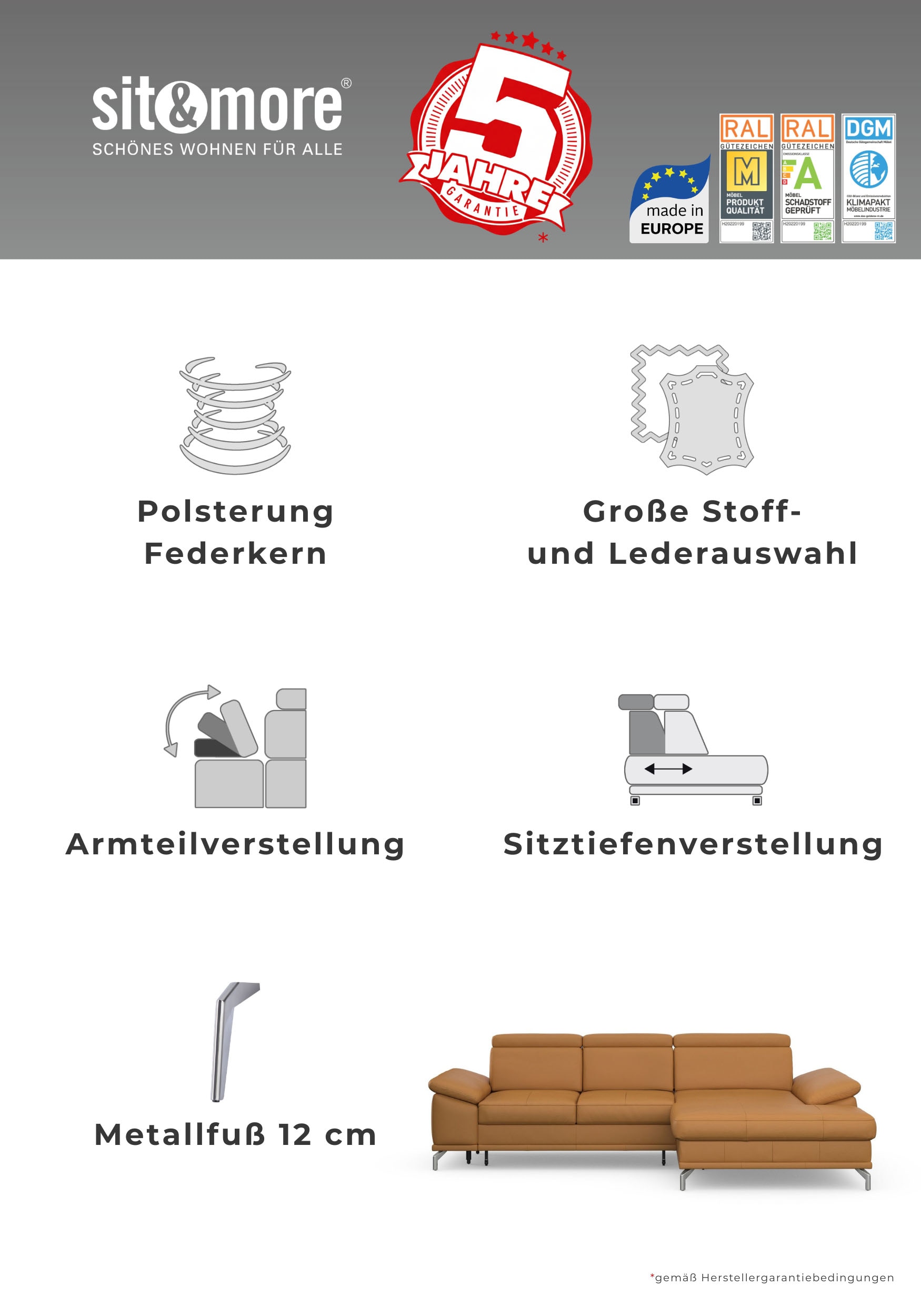 sit&more Ecksofa »Cabrio L-Form, B: 295 cm, mit Sitztiefen-, Arm- & Kopfteilverstellung« 2 Nierenkissen, Federkern, optional Bettfunktion und Stauraum