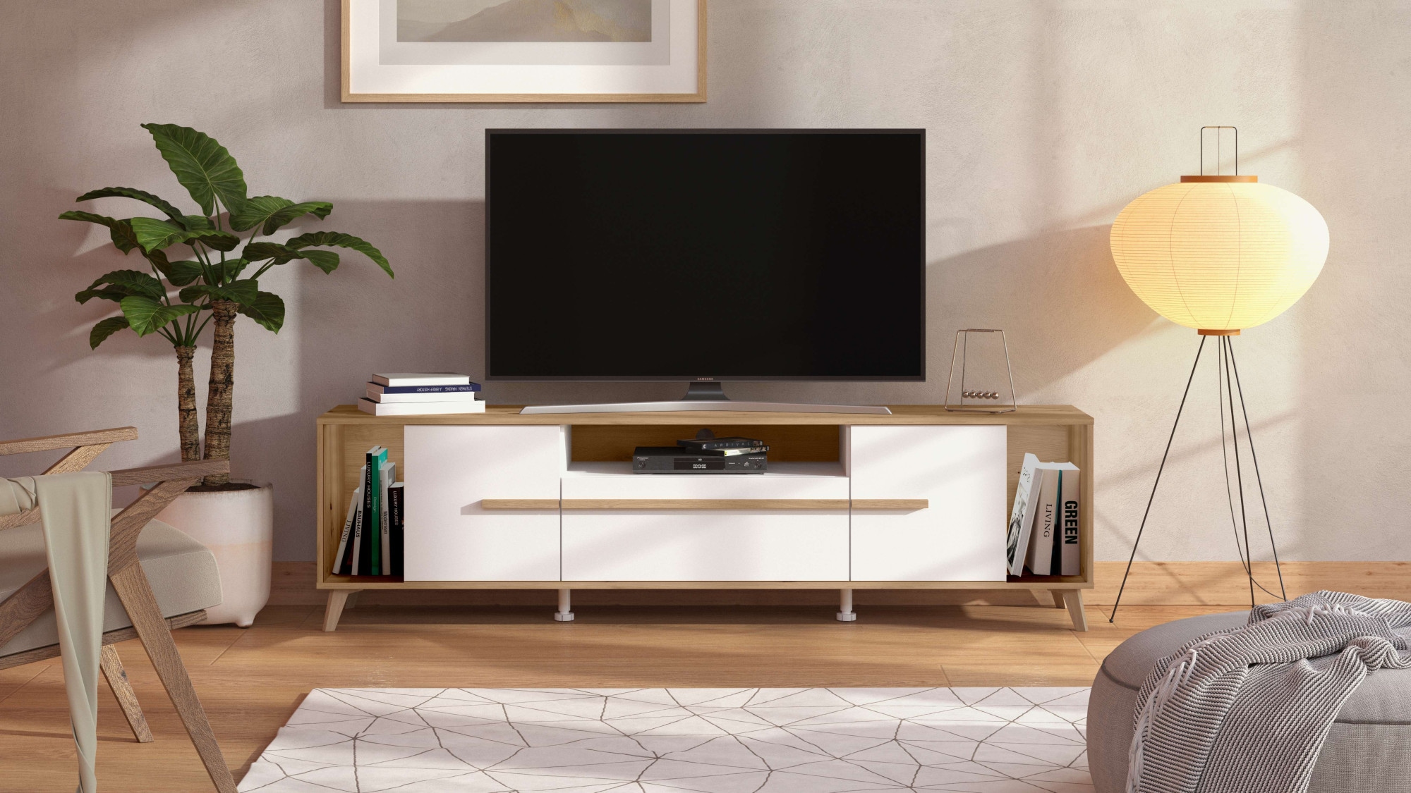 Image of Home affaire Lowboard "Orleans, TV-Lowboard, TV-Schrank, TV-Ständer, Breite 190 cm" Kommode, Opaque Weiss/Artisan Eiche Dekor,modernes und elegantes Design