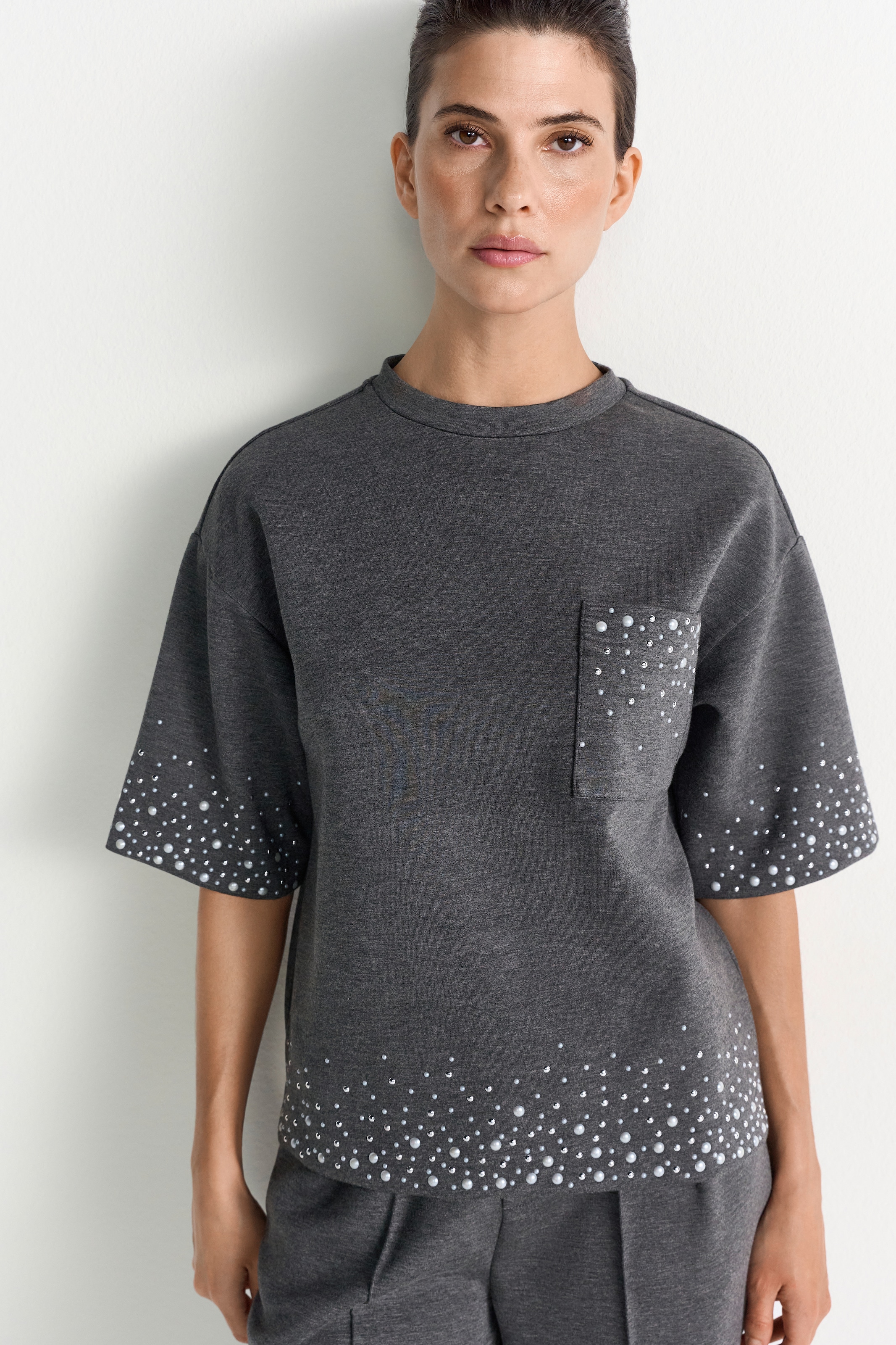 Image of RICHROYAL T-Shirt mit Strass und Perlen, Rundhals