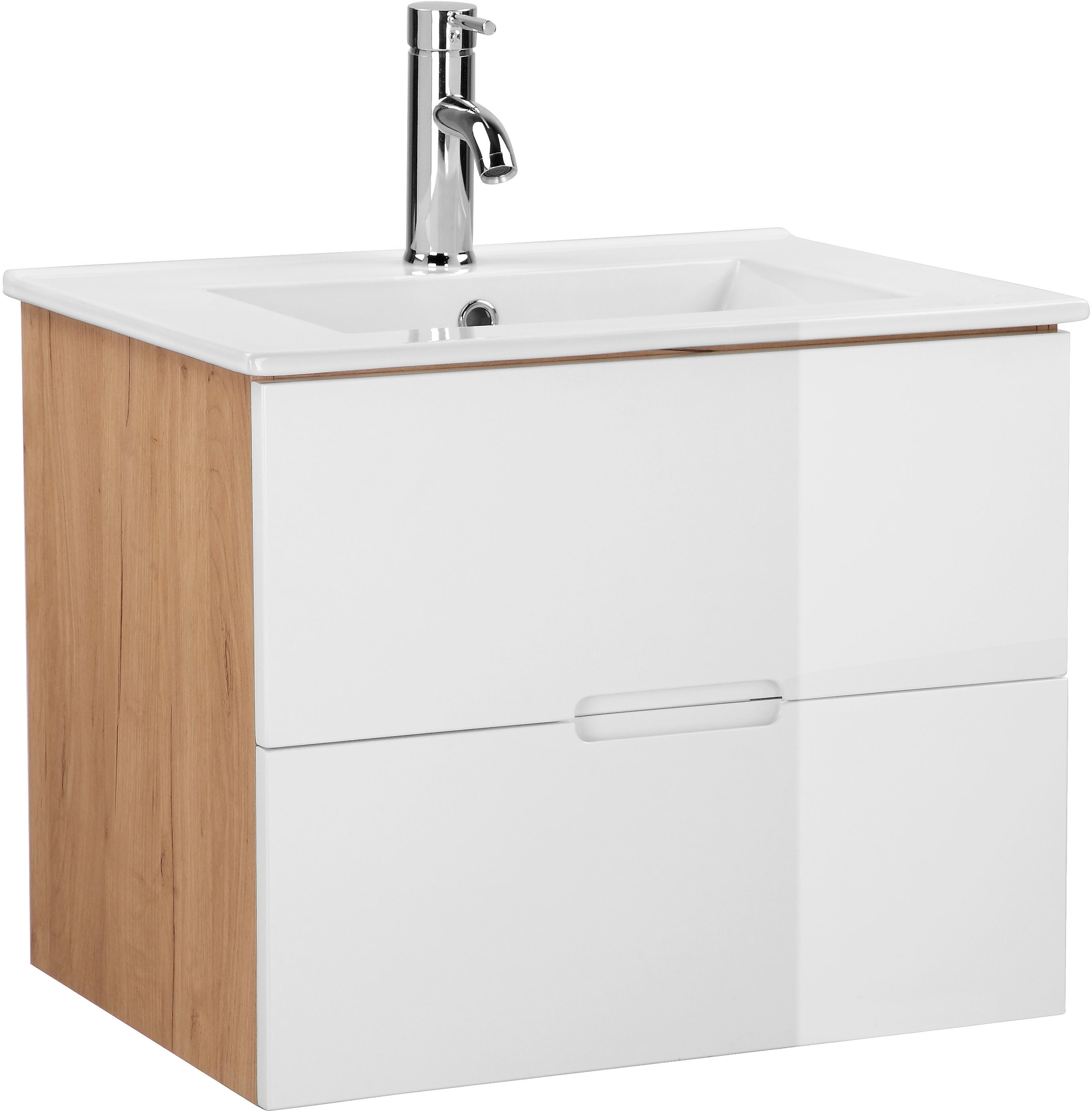 Image of welltime Waschtisch "Lund Badmöbel Schrank Unterschrank mit Becken" Set, Waschplatz mit 2 Auszügen und Waschbecken Breite 60cm