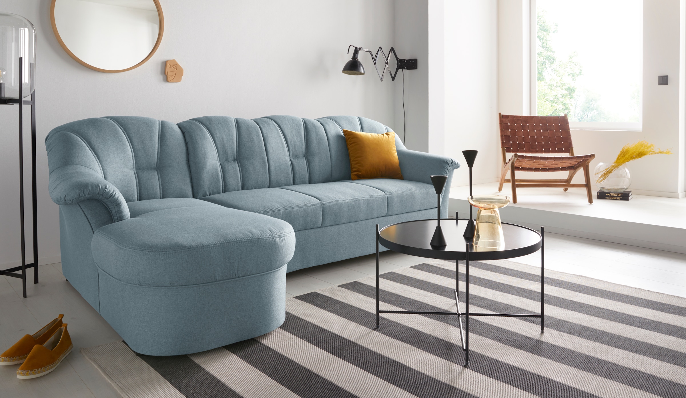 Image of DOMO collection Ecksofa "Papenburg, zeitlose Rückensteppung, elegante Formensprache, L-Form" in grosser Farbvielfalt, wahlweise mit Bettfunktion