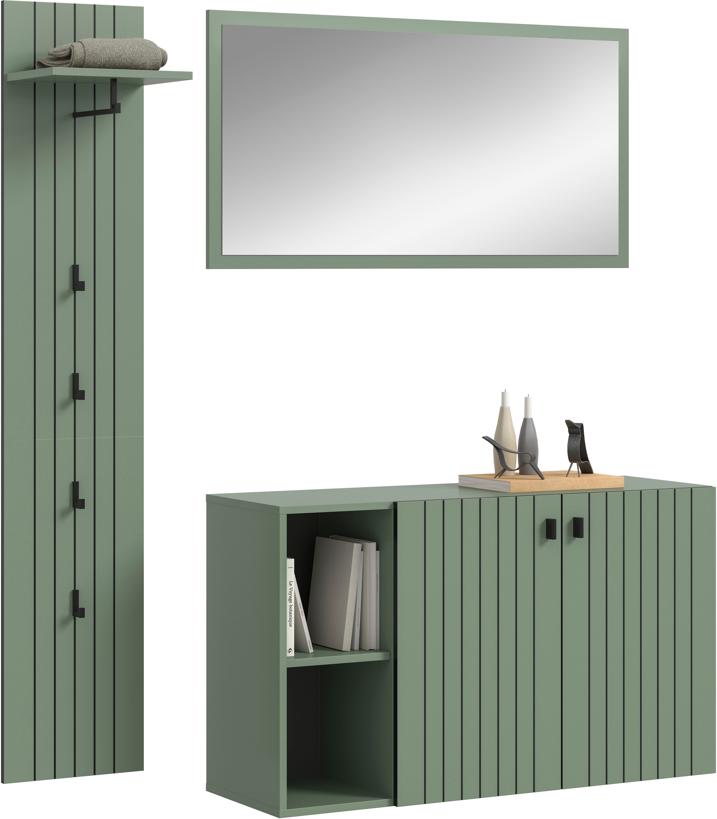 Home affaire Ensemble de vestiaires »TATIO, 3-tlg. Garderobenkombination, Breite: 152 cm, Rilenfräsung« Set, Set, best. aus: 1 Garderobenpaneel, 1 Spiegel, 1 Schuhkommode, 3 cuis tlg.