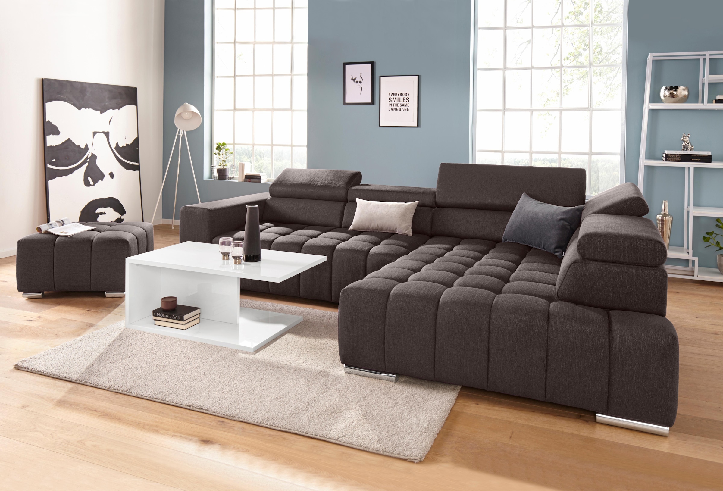 exxpo - sofa fashion Canapé d'angle »Elias, aktuelle Kreuzsteppung im Sitz, bequem, Breite 307cm, L-Form« mit Kopf- bzw. Rückenverstellung, wahlweise mit Bettfunktion