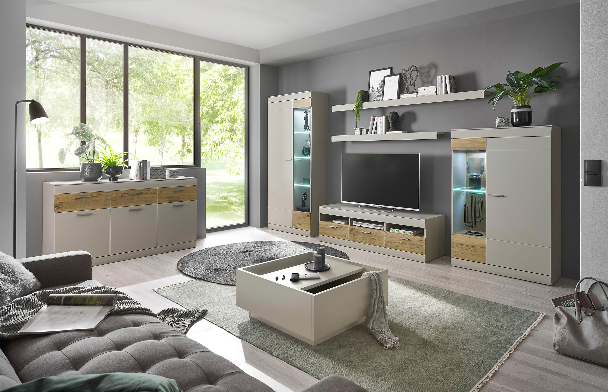 INOSIGN Wohnwand »SCARA«, (5 St.), trendige Farbe mit Applikation Zinneiche Dekor, mit Softclose-Funktion