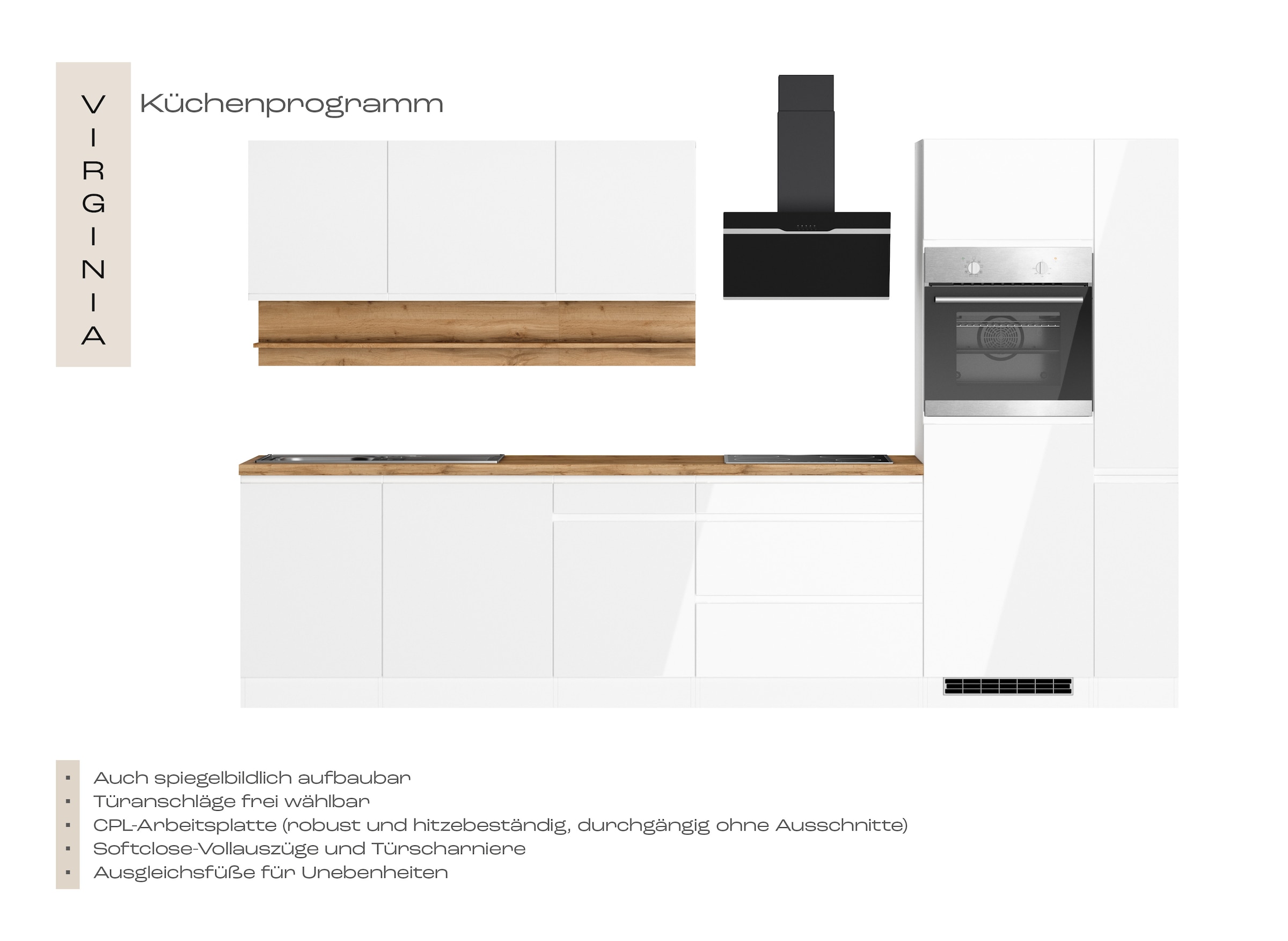 KOCHSTATION Kitchenette »KS-Virginia,neu in verbesserter Ausführung« plan de travail épaisseur 38 mm, rangement, fermeture douce,  largeur 330 cm, Soft-Close, sans appareils électriques