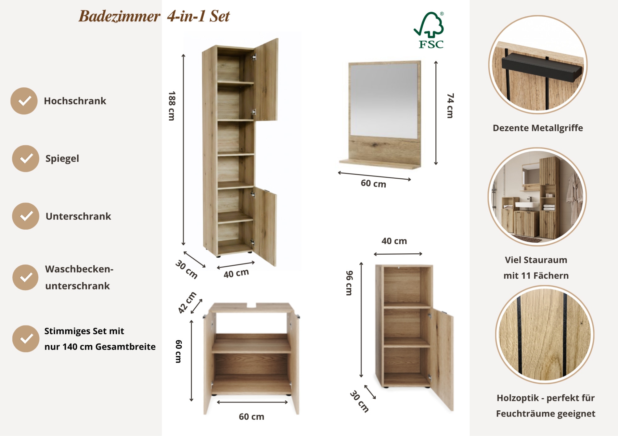 GOODproduct Ensemble de meubles de salle de bain »Baltrum« 4 cuis tlg.