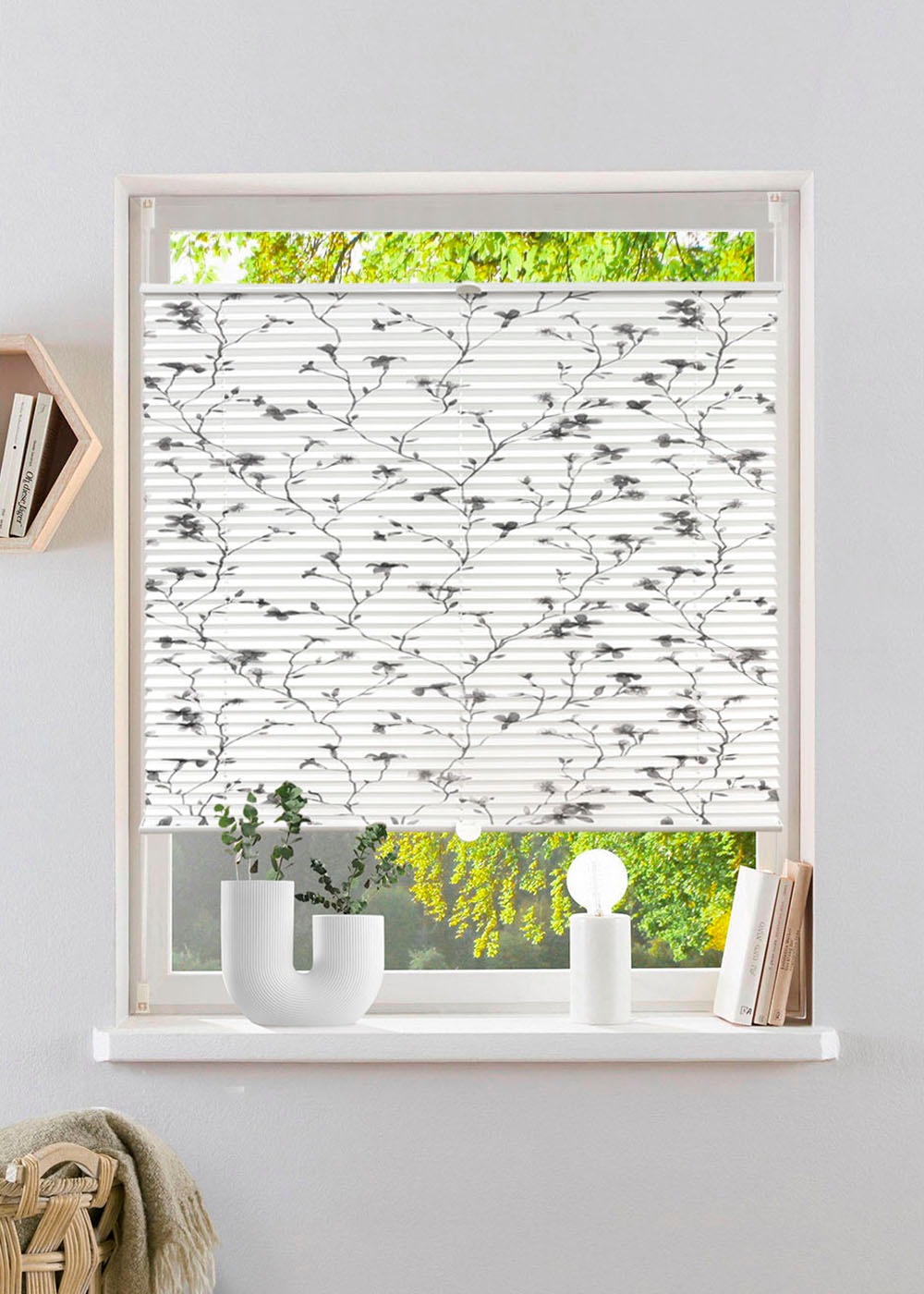 Image of GOODproduct Plissee "MINNA" Lichtschutz ohne Bohren verspannt im Fixmass mit Floralem Print, Klemmträger - sehr beliebt