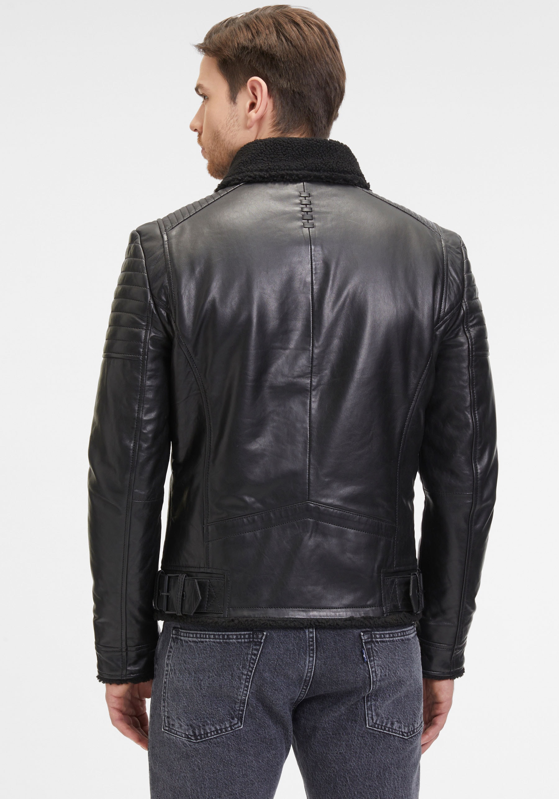 Mauritius Lederjacke »G2MIdor SF«, Reverskragenmit Fellimitat, asymetrischer Reissverschluss