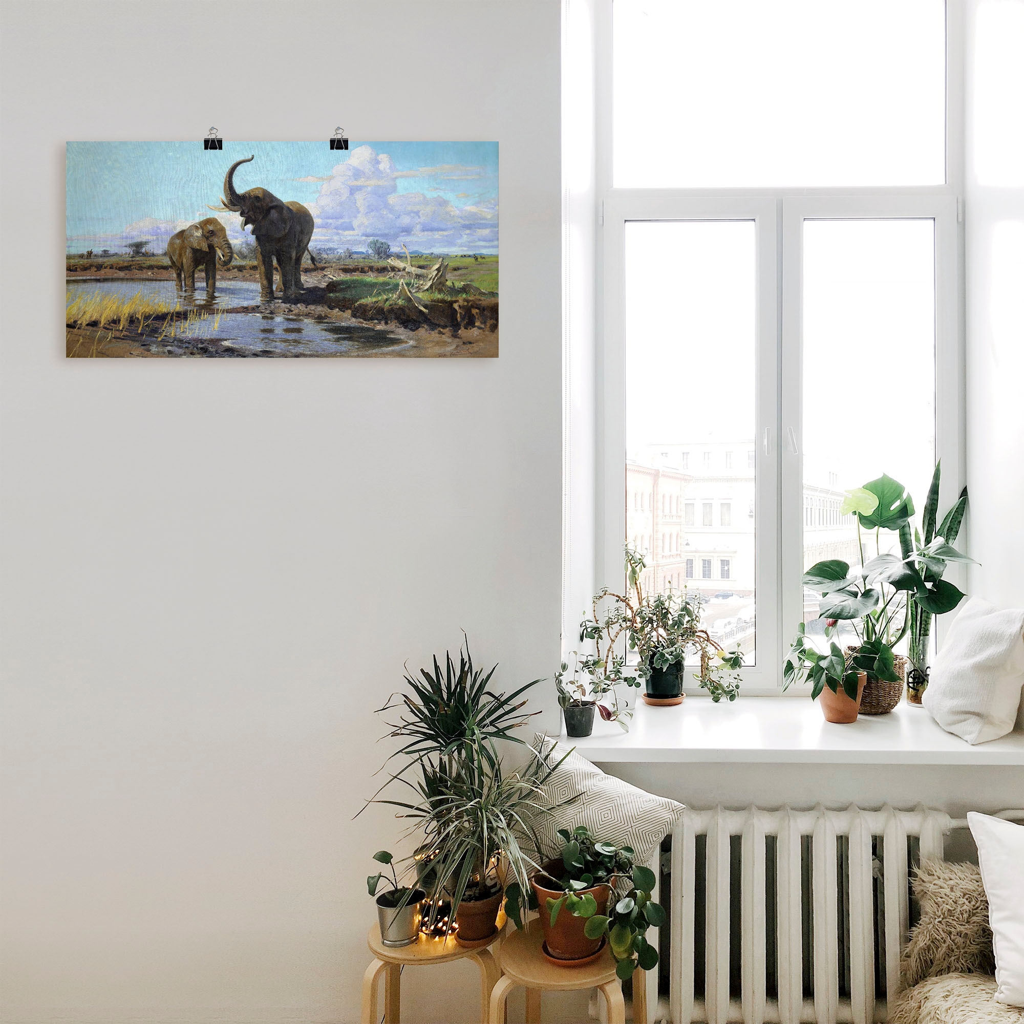 Artland Kunstdruck »Elefanten an der Wasserstelle.«, Wildtiere, (1 St.), als Alubild, Leinwandbild, Wandaufkleber oder Poster in versch. Grössen