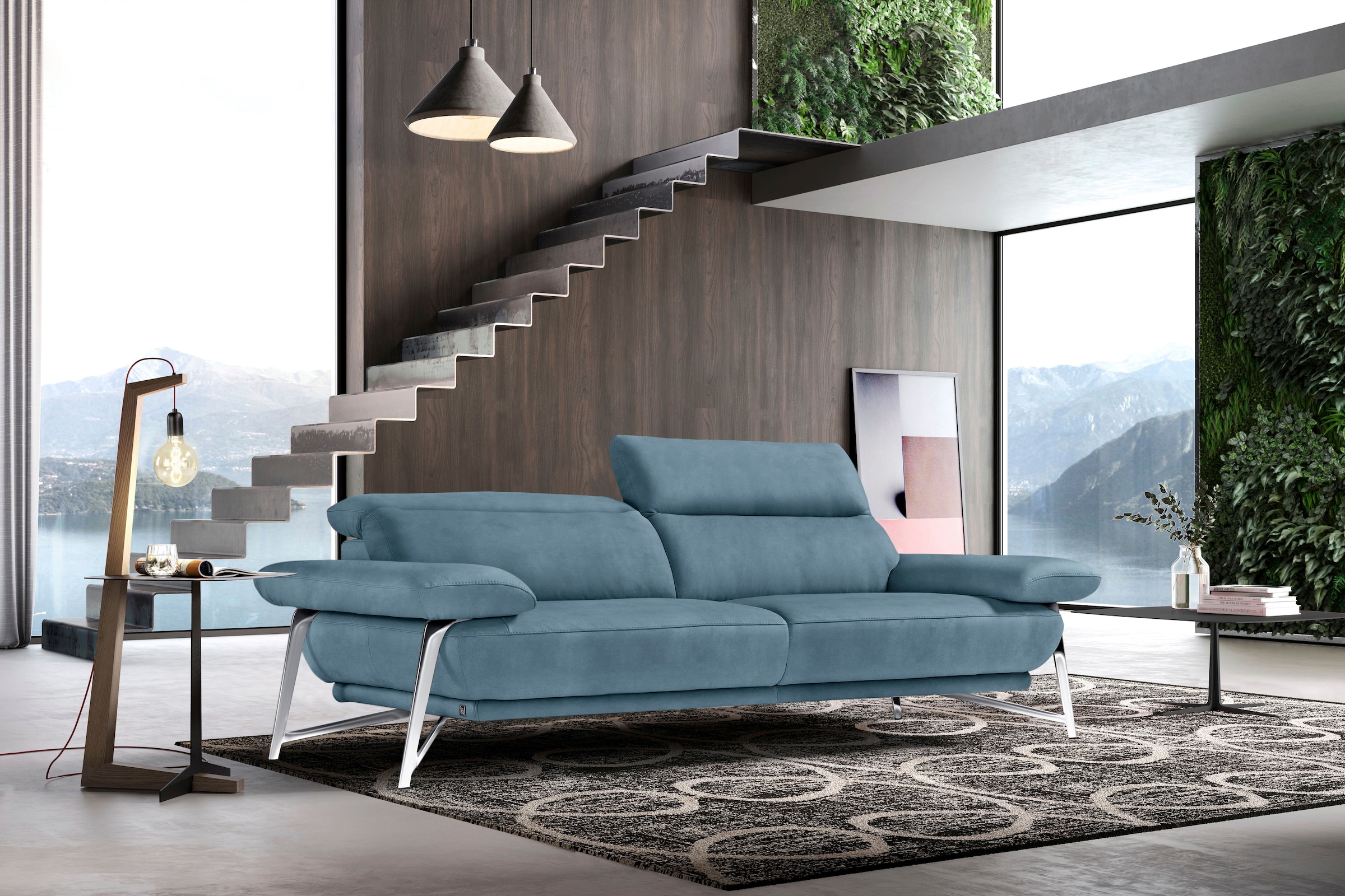 Image of Egoitaliano 2,5-Sitzer "Anais, Designsofa mit erstklassigem Sitzkomfort, Fussfarbe chrom" Kopfteil verstellbar, 232 cm, Luxus-Microfaser Lederoptik, hellblau