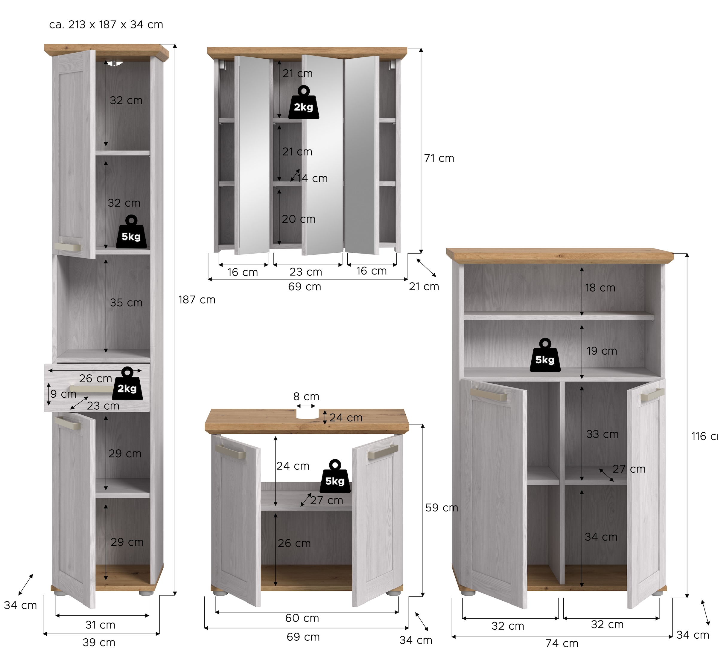 welltime Badmöbel-Set »COSENZA« best. aus: 1Hochschrank, 1Spiegelschrank, 1WBU, 1Midischrank, 4 Stk. tlg.
