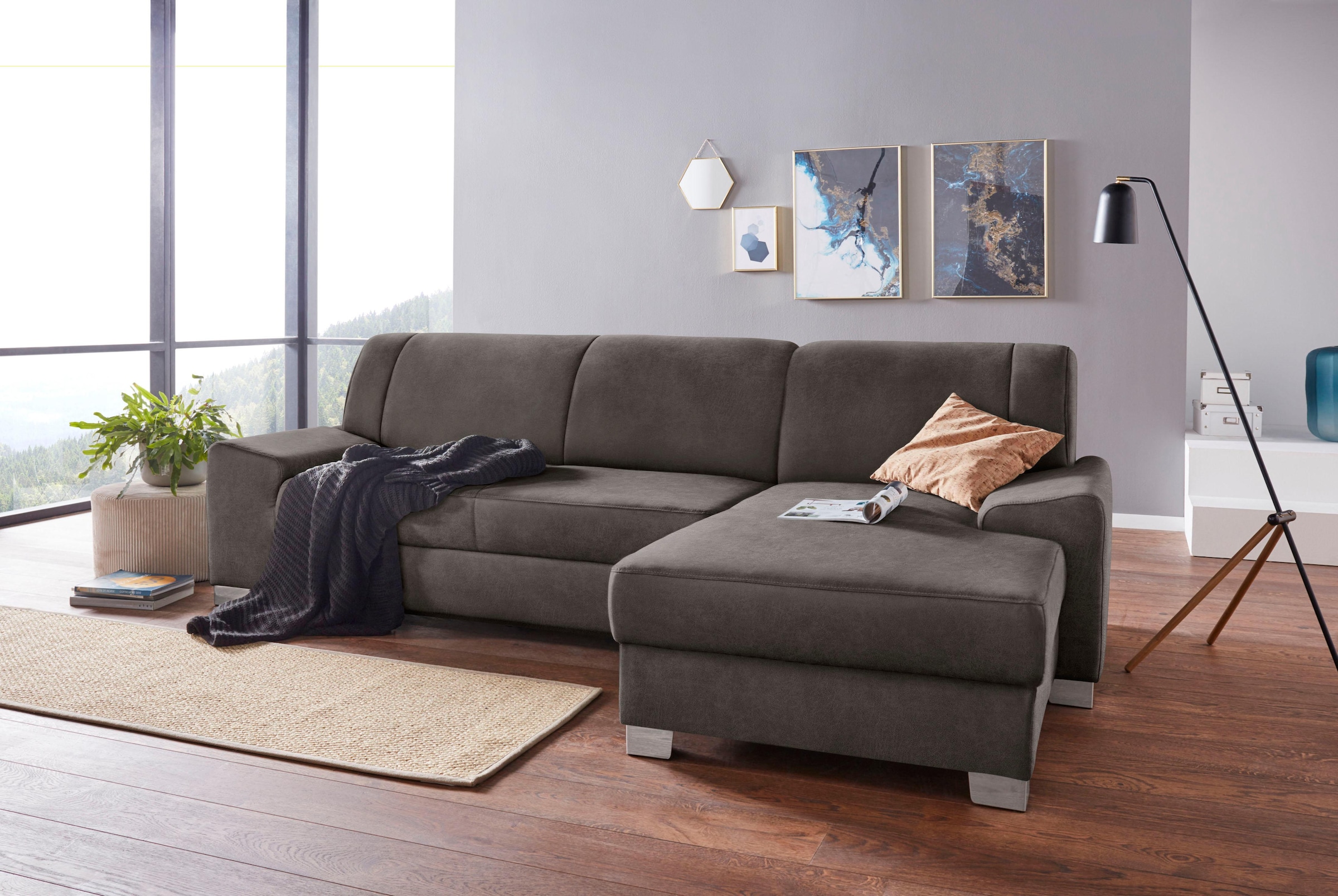 Image of DOMO collection Ecksofa "Anzio L-Form, whlw. Bettfunktion, Federkern, hochwertig, Breite 271 cm" Ohne Bettfunktion, Recamiere rechts, Luxus-Microfaser, anthrazit