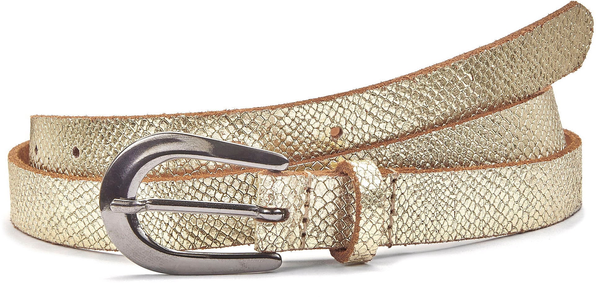 Image of LASCANA Hüftgürtel "Ledergürtel, schmaler Gürtel, Anzuggürtel" aus Leder in Metallic-Snake-Optik für Hosen, Jeans & Kleider