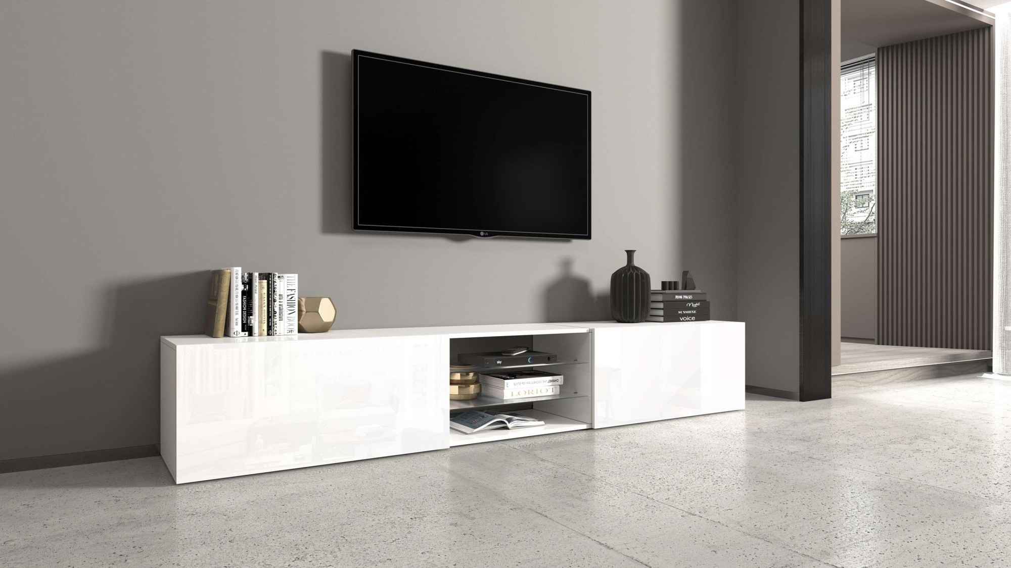 Image of GOODproduct Lowboard "Egypt,Lowboard,TV-Kommode,TV-Möbel,TV-Bank" mit 2 Klappen, 2 Glasböden,kompl. Hochgl. lackiert (B/T/H)240x38x35 cm